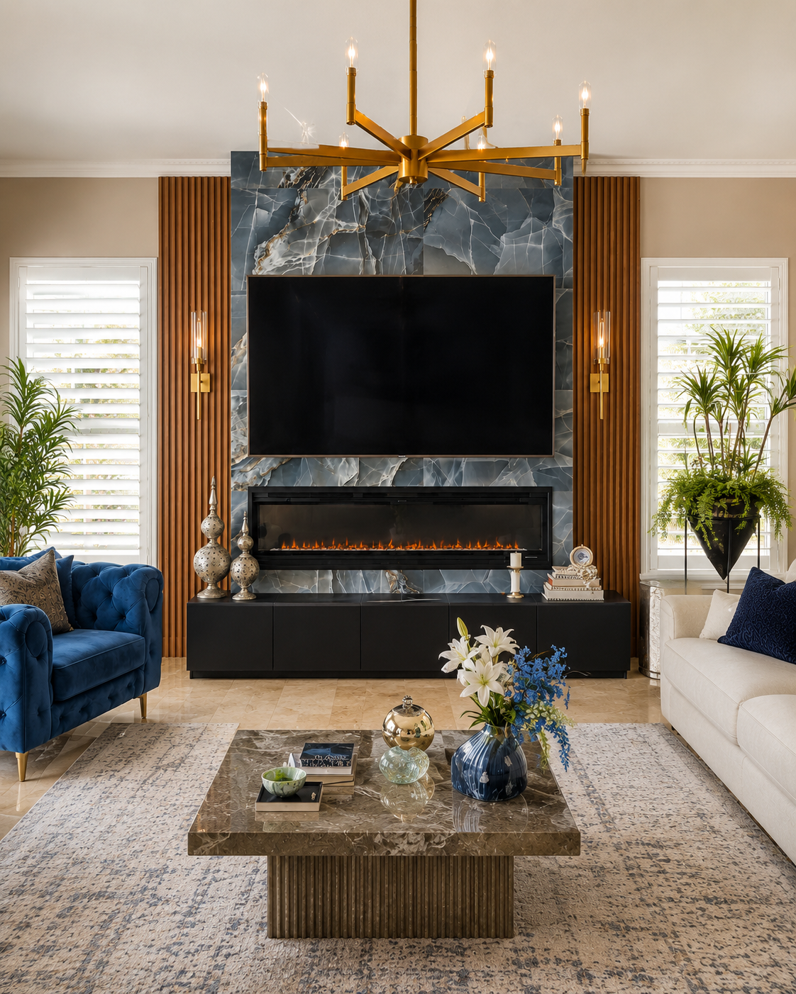 Front view of a custom fireplace TV wall in Orlando with large-format gray-blue stone-look tile, a mounted TV, fluted wood side panels, a linear electric fireplace, and a black base cabinet.