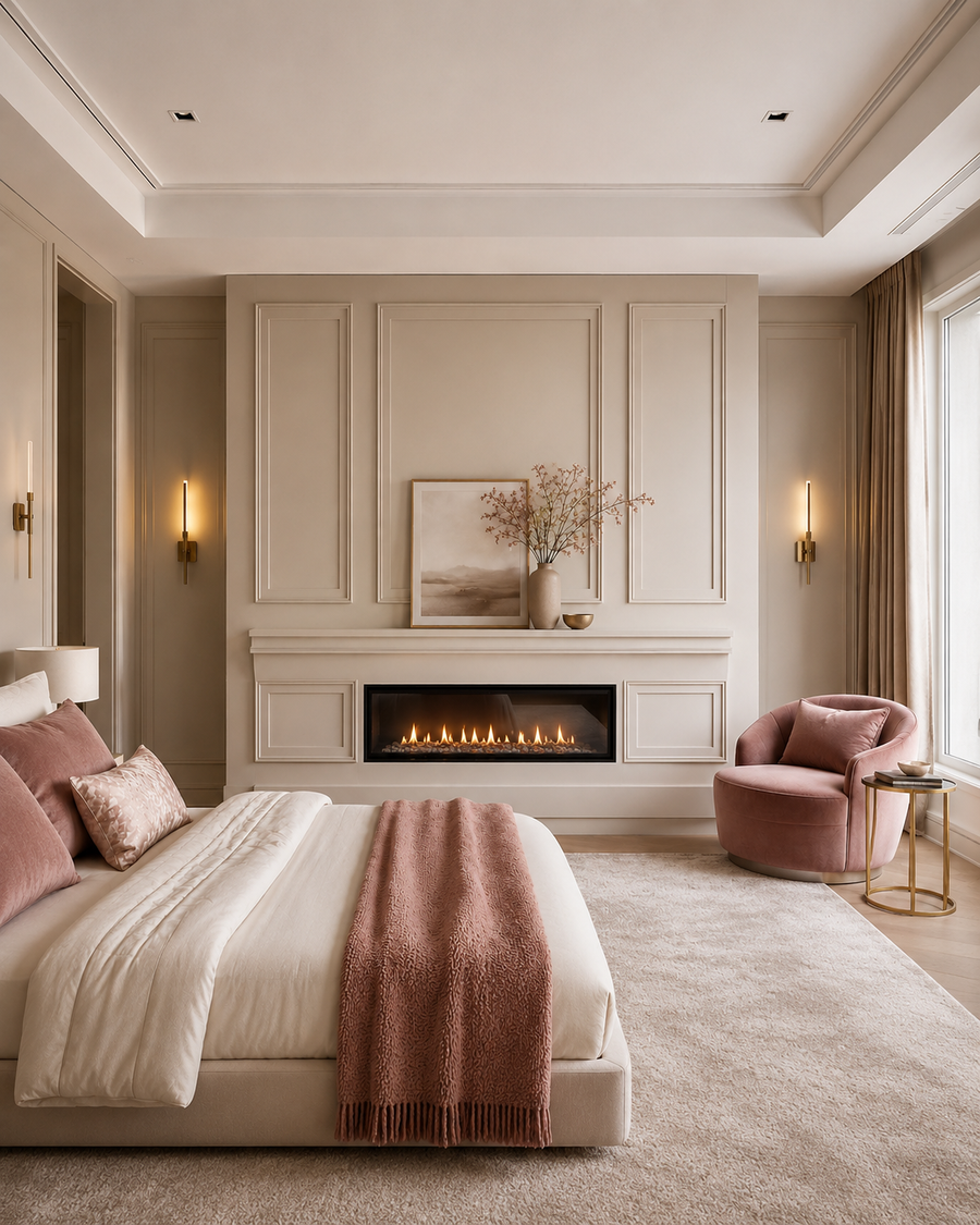 Primary bedroom custom fireplace wall with painted dimensional 3D panels, raised relief details, linear fireplace, warm neutral finish, dusty rose textile accents, and soft luxury bedding.
