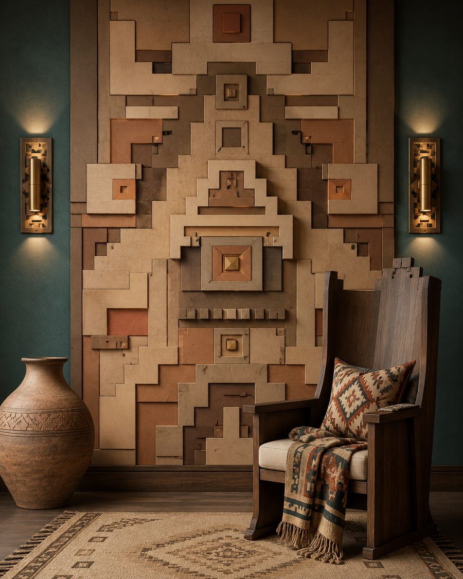 Dimensional 3D wall panels and sculpted relief accent wall with raised blocks, layered depth, warm neutral finishes, and architectural lighting.