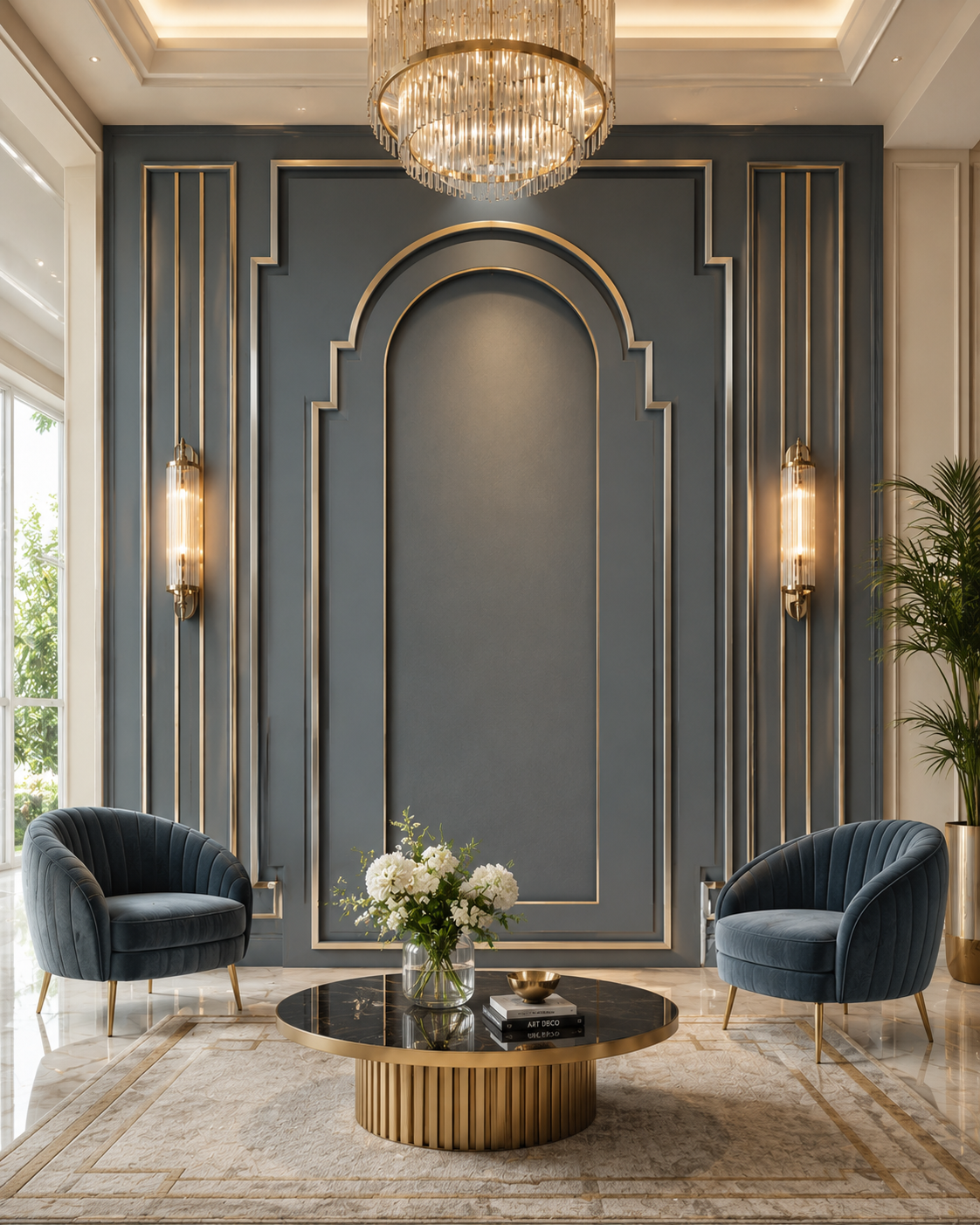Art Deco inspired 3D wall relief with layered arched panels, smoky blue-gray finish, and champagne gold accents.