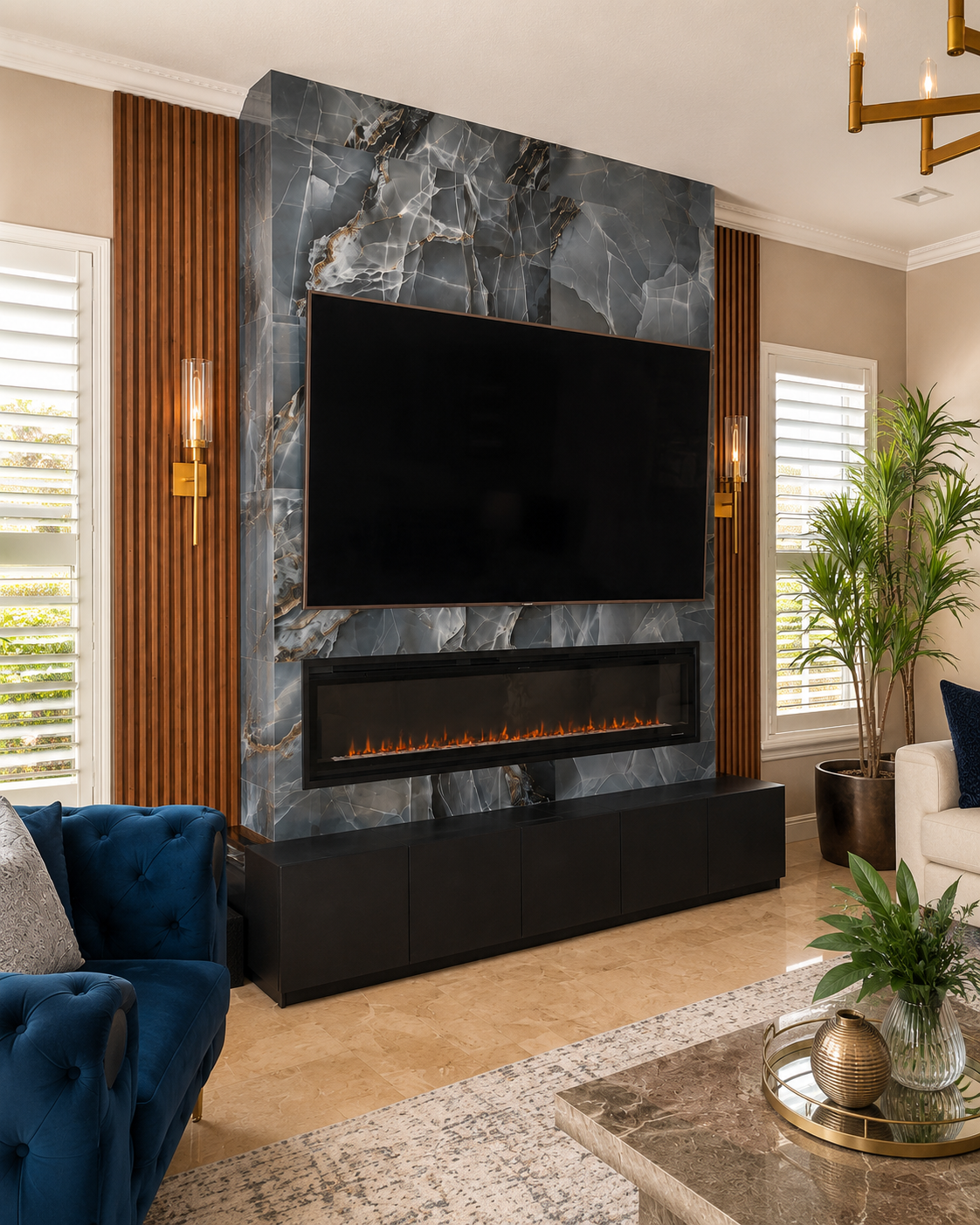 Angled view of a custom fireplace TV wall in Orlando, Central Florida showing the depth of the feature wall, fluted wood side panels, and the black base cabinet beneath the fireplace and TV.