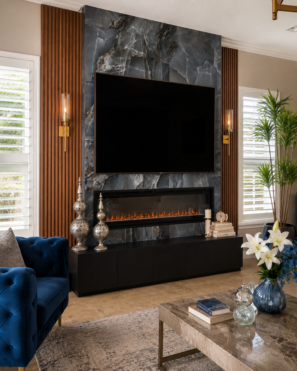 Styled living room view featuring a custom fireplace TV wall in Orlando with elegant decor, improved lighting, fluted wood details, gray-blue stone-look tile, and a linear electric fireplace.