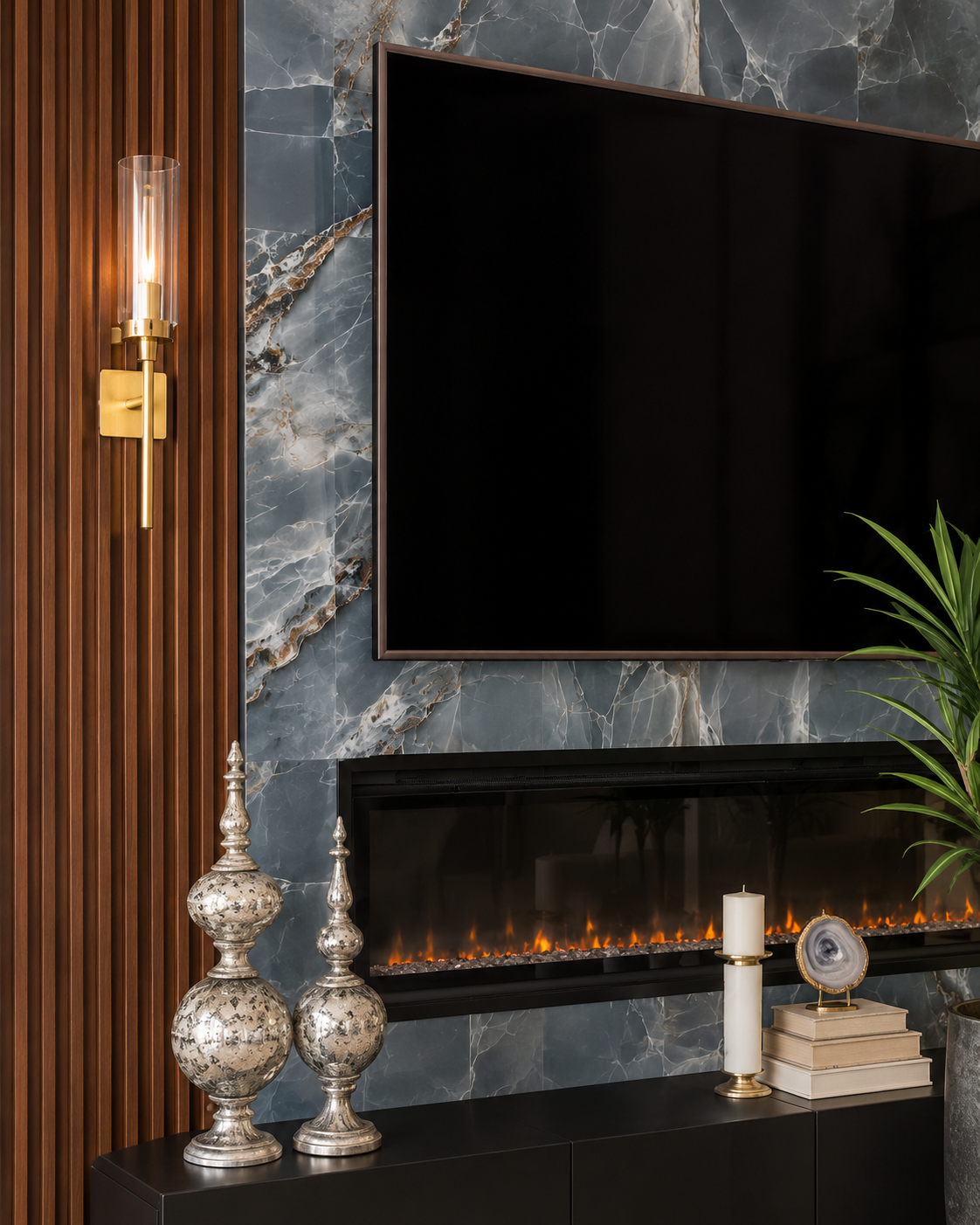 Detail view of a custom fireplace TV wall in Orlando highlighting the gray-blue stone-look tile, fluted wood side panels, mounted sconces, and black base cabinet detailing.