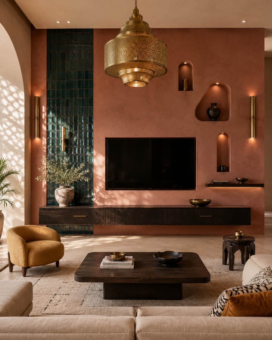 Front-facing contemporary media wall in warm terracotta plaster with an asymmetrical layout, dark floating console, vertical green tile accent, sculpted display niches, brass sconces, and a large pendant light.