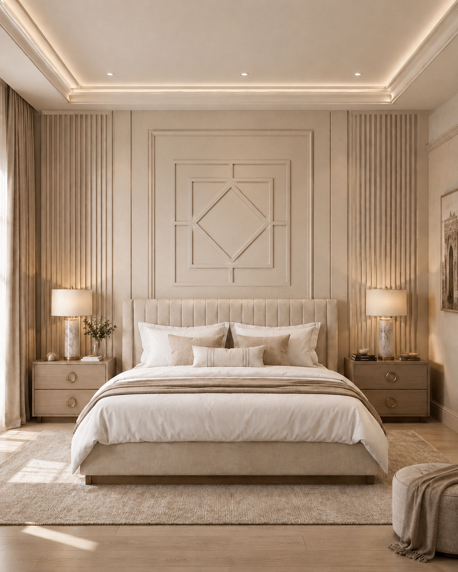Soft ivory bedroom accent wall with fluted side panels, geometric wall detail, upholstered bed, and warm lighting.