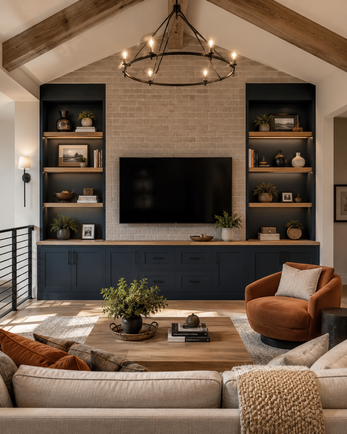 Bonus room with a vaulted ceiling, exposed wood beams, a light brick-look TV wall, dark blue built-ins, illuminated wood shelves, lower storage cabinets, and warm lounge seating.