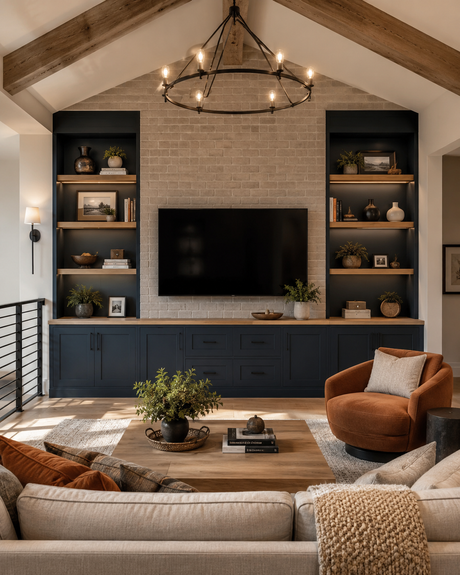 Bonus room with a vaulted ceiling, exposed wood beams, a light brick-look TV wall, dark blue built-ins, illuminated wood shelves, lower storage cabinets, and warm lounge seating.