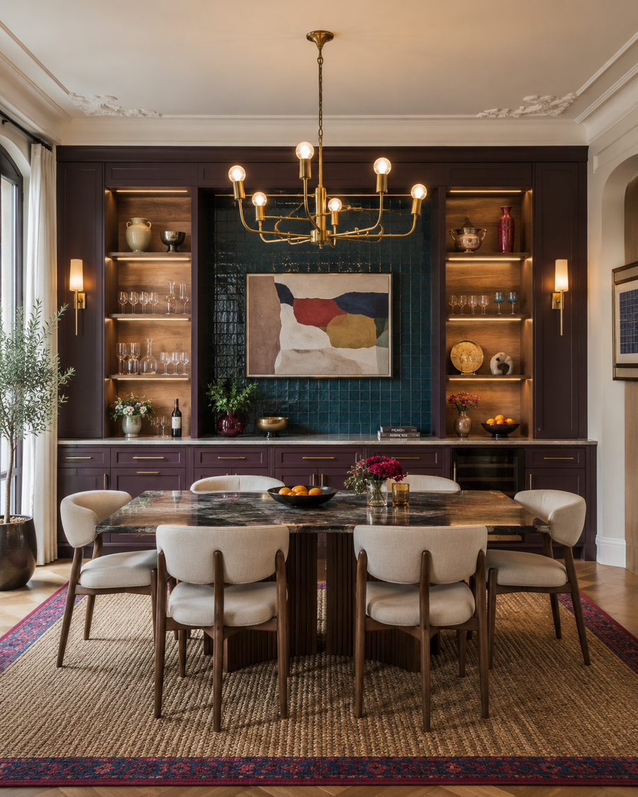 Elegant dining room with deep plum built-in cabinetry, illuminated walnut display shelves, a blue-green glazed tile art wall, lower buffet storage, a dining table, and a lit brass chandelier.