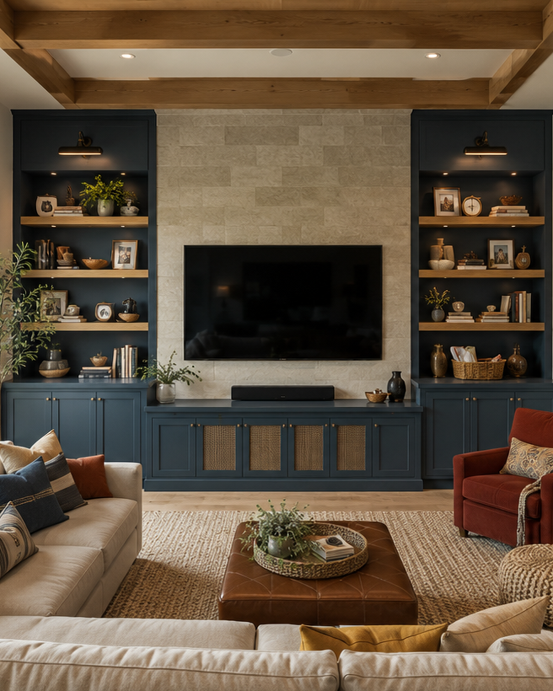 Family room with dark blue built-ins, warm wood shelves, a light stone-look TV surround, lower storage cabinets, exposed ceiling beams, a cream sectional, and a rust-colored accent chair.