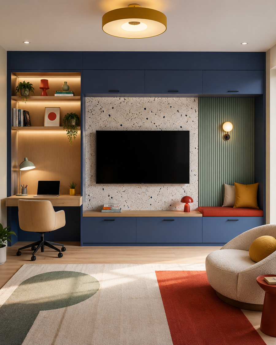 Multipurpose room with blue full-wall cabinetry, a terrazzo-look TV panel, an integrated pale wood desk, open illuminated shelves, a ribbed green bench nook, closed storage, and colorful modern accents.