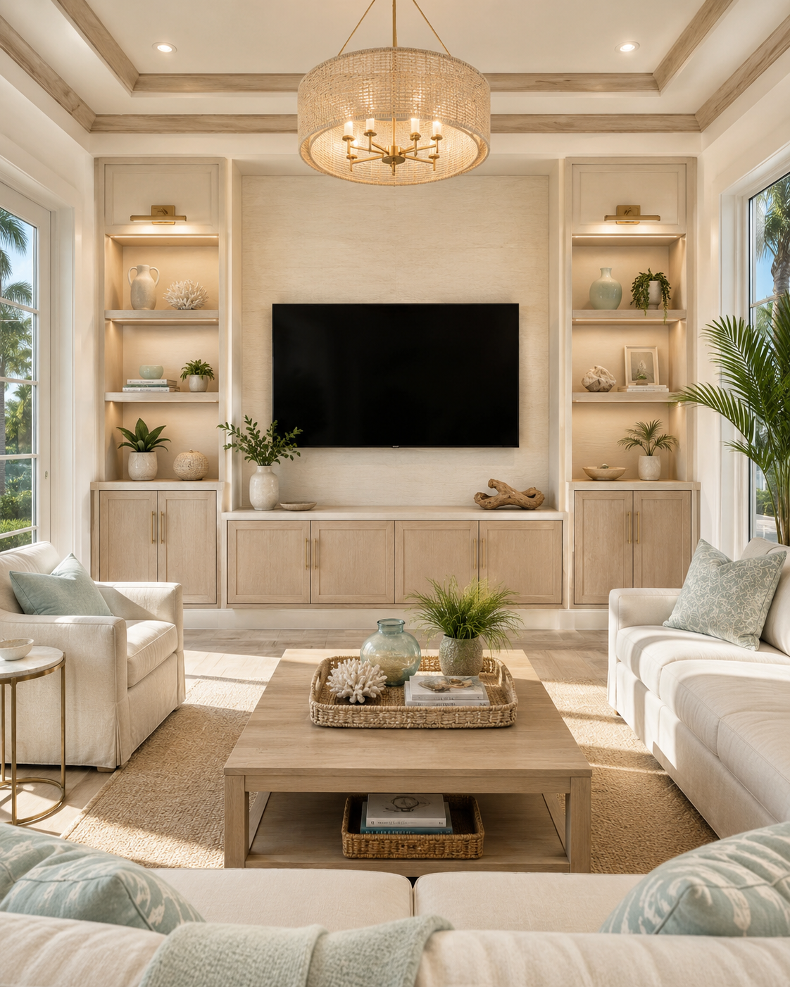 Bright enclosed Florida room with large windows, pale wood built-ins, a light textured TV wall, symmetrical illuminated shelves, lower storage cabinets, soft sea-glass accents, and a lit woven chandelier.