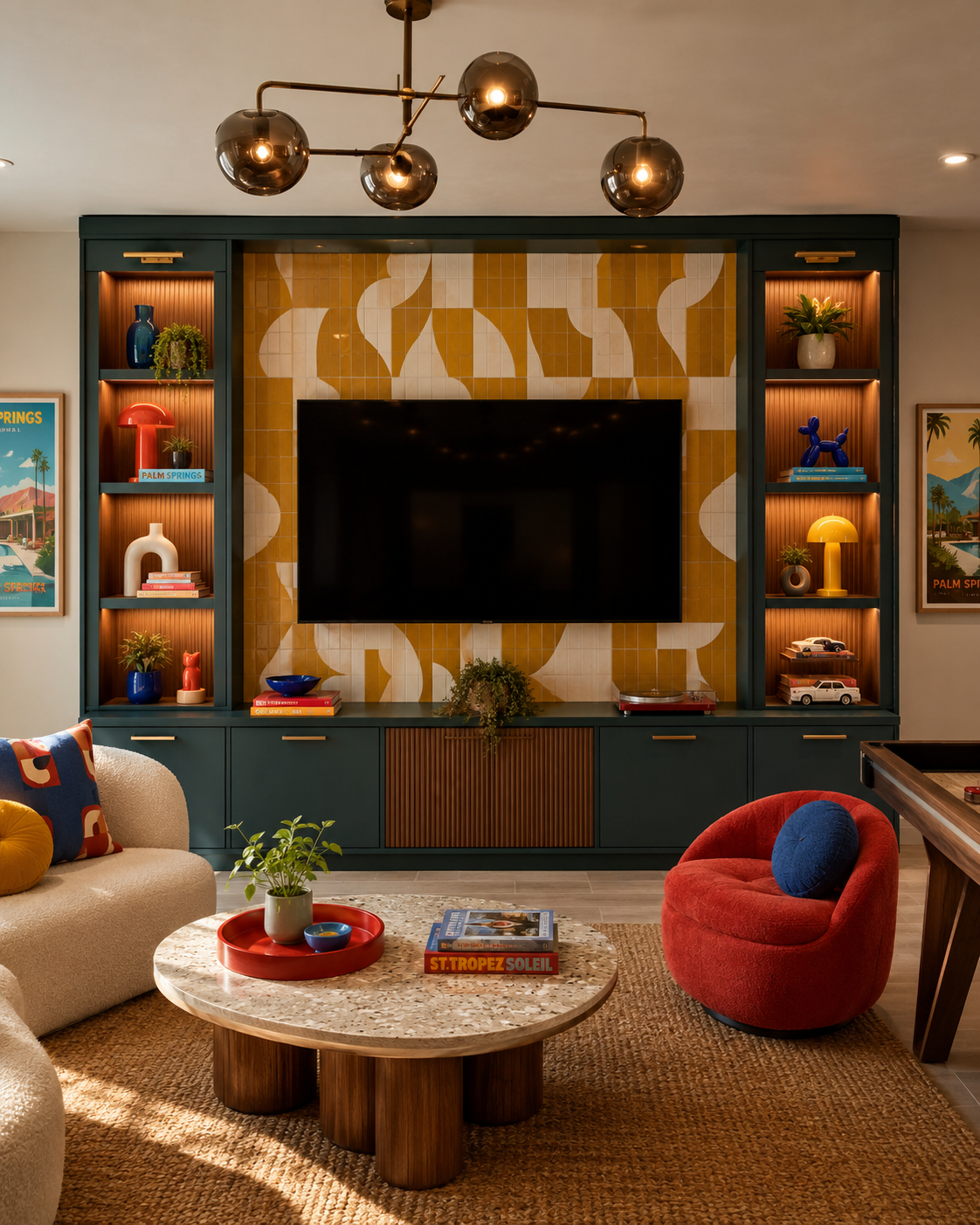 Colorful entertainment room with deep teal built-ins, illuminated wood display shelves, a mustard-and-cream geometric tile TV wall, lower game storage, bright lounge seating, and part of a game table.