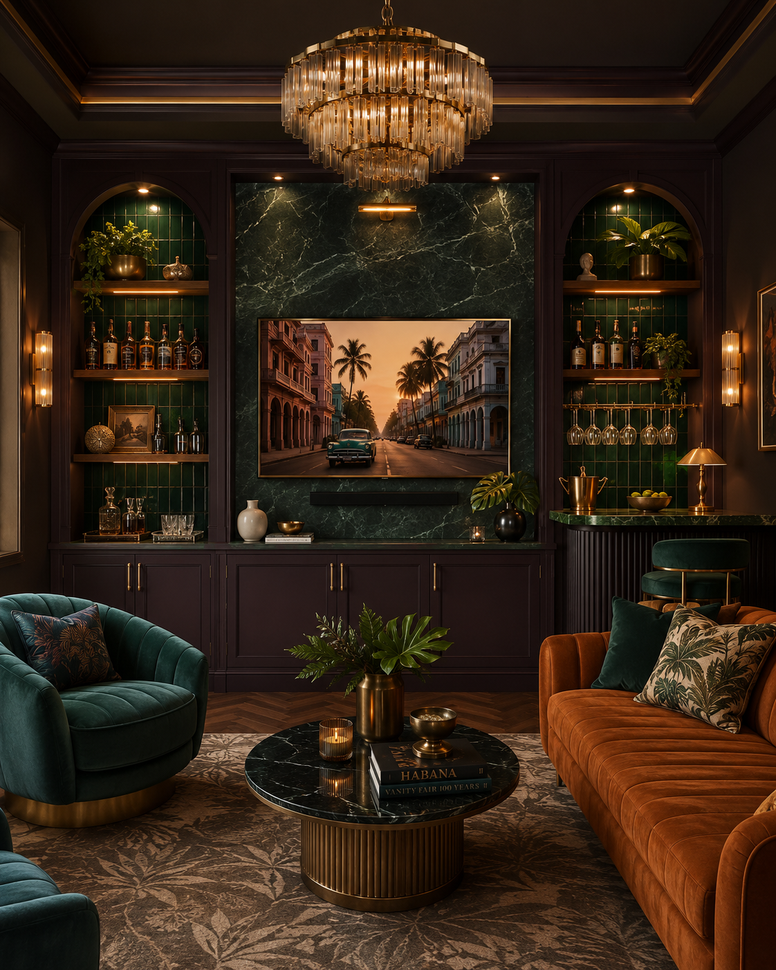 Moody home bar lounge with deep plum cabinetry, a dark green marble-look TV panel, illuminated green tile-backed shelves, bottle and glass storage, a side bar counter, velvet seating, and a glowing tiered chandelier.