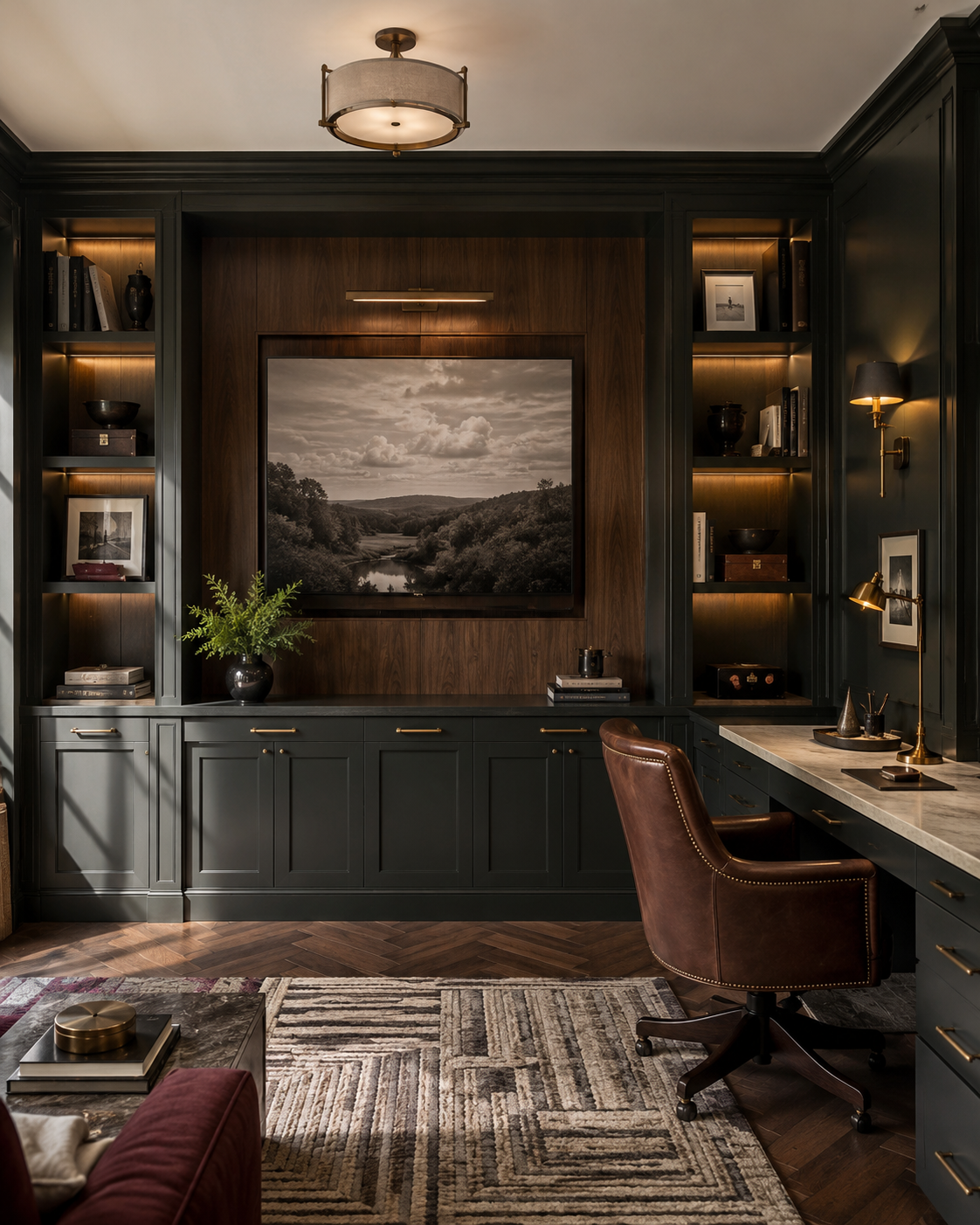 Dark English-modern home office with deep green built-ins, warm walnut paneling, an art-display screen, illuminated bookshelves, lower storage cabinets, an integrated stone-top desk, and a brown leather chair.