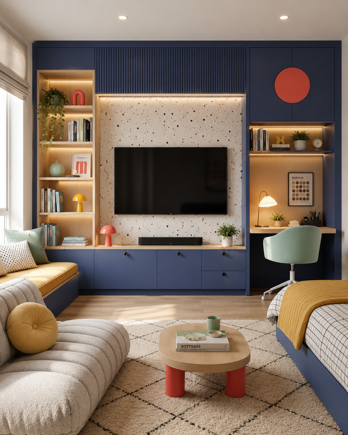 Modern kids' or teen room with deep blue built-ins, a terrazzo-look TV panel, closed storage, illuminated shelving, a window bench, a bed, and an integrated study desk with a chair and lit task lamp.
