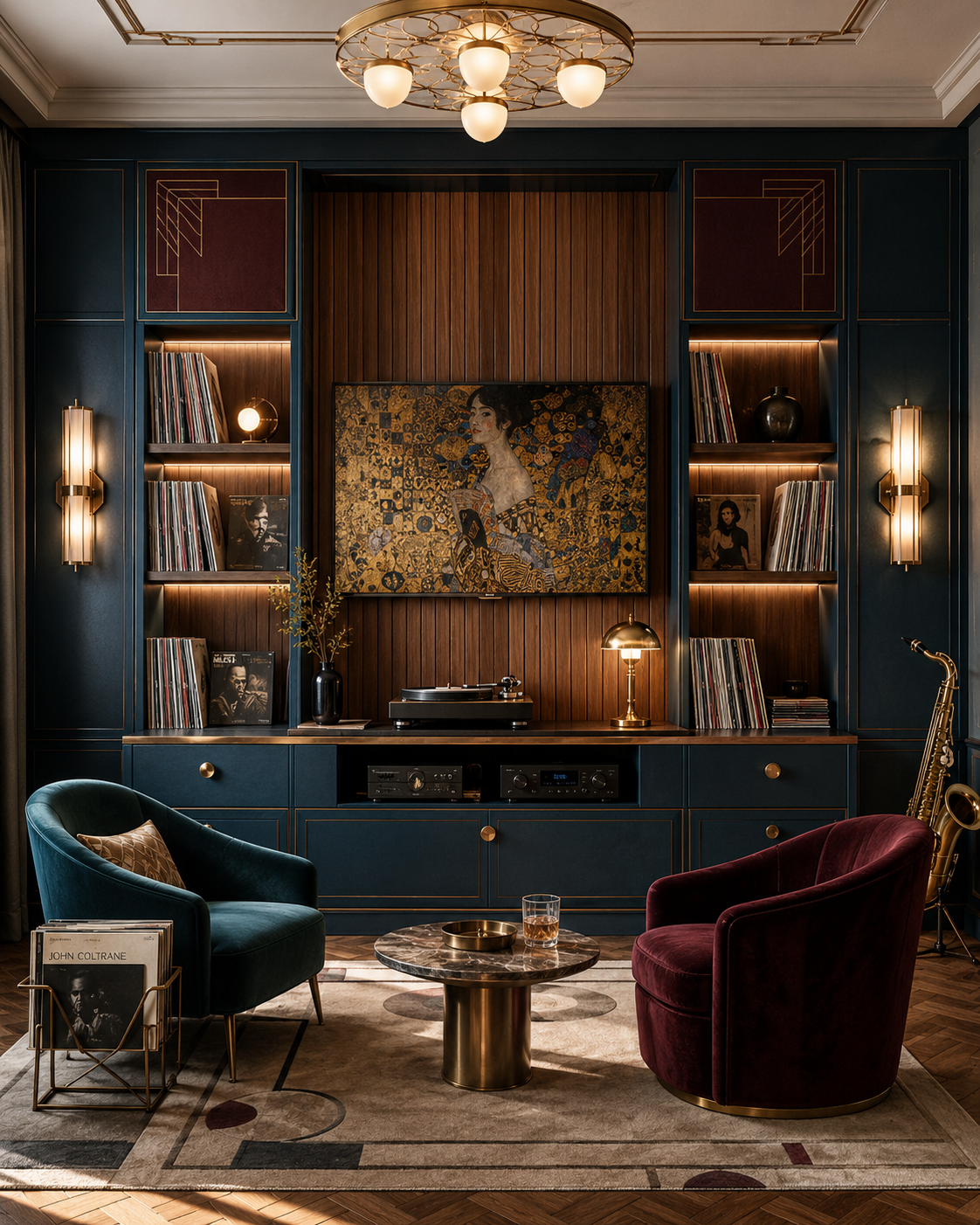 Music listening lounge with deep petrol blue built-ins, warm walnut slat paneling, an art-display screen, illuminated vinyl shelving, a turntable, audio equipment, brass lighting, velvet chairs, and a saxophone.