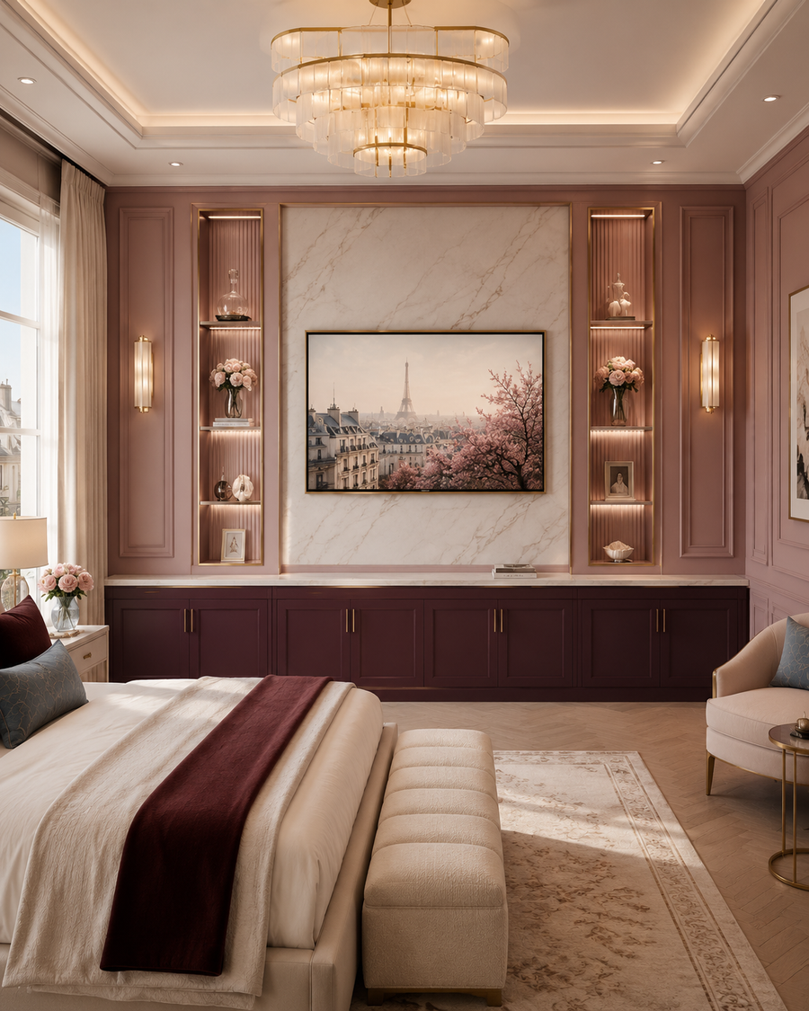 Elegant primary bedroom with dusty rose wall panels, a light marble-look central TV panel, deep plum lower cabinetry, narrow illuminated display niches, champagne brass details, a crystal chandelier, and an upholstered bed.