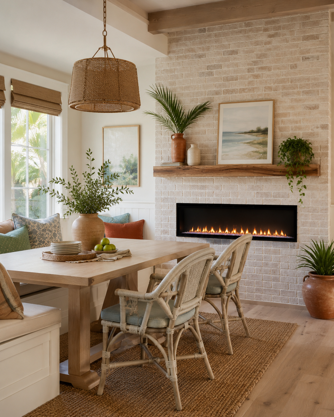 Bright breakfast room with whitewashed thin brick veneer custom fireplace wall, linear electric fireplace, wood mantel, light dining table, wicker chairs, woven rug, plants, and coastal accents.
