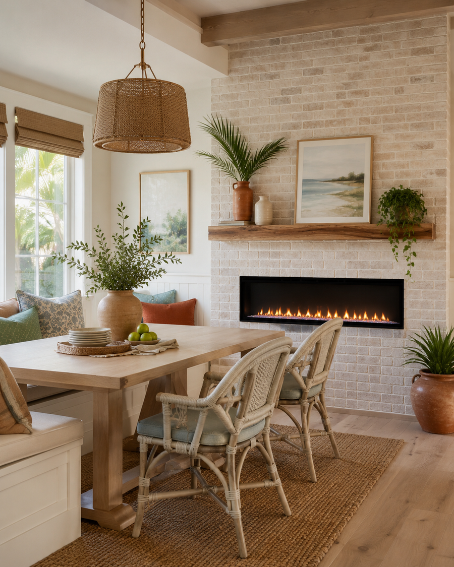 Bright breakfast room with whitewashed thin brick veneer custom fireplace wall, linear electric fireplace, wood mantel, light dining table, wicker chairs, woven rug, plants, and coastal accents.