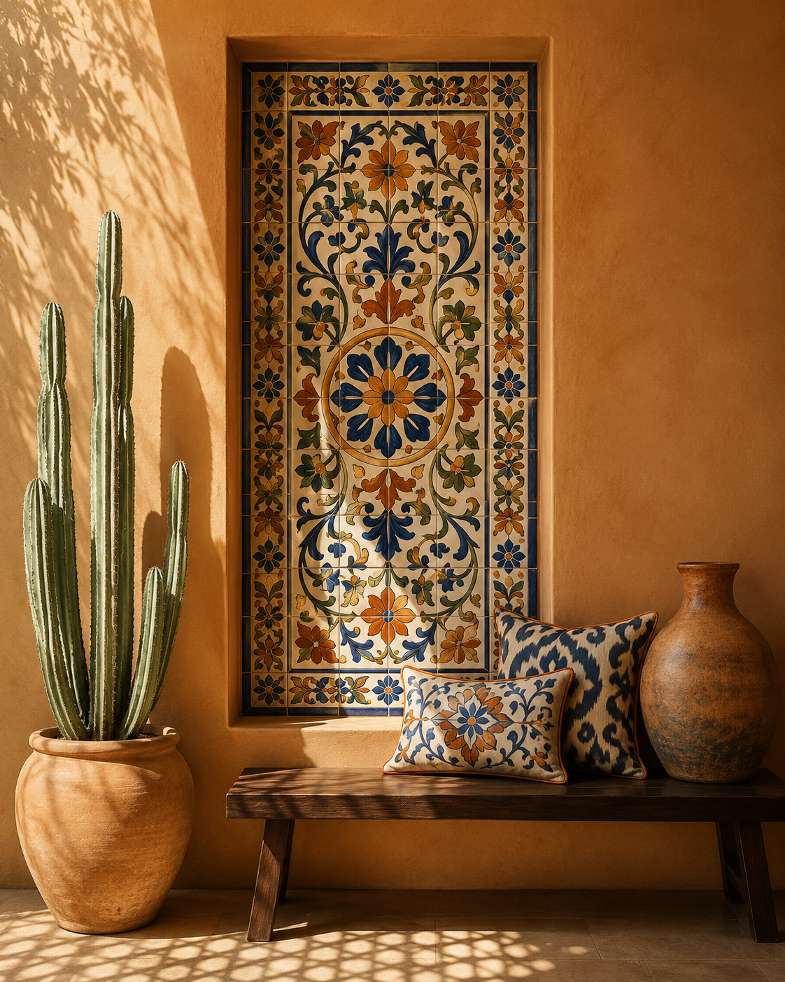 Ceramic and decorative tile accent wall panel with colorful patterned tile, warm plaster wall, cactus, bench, and Southwest-inspired interior styling.