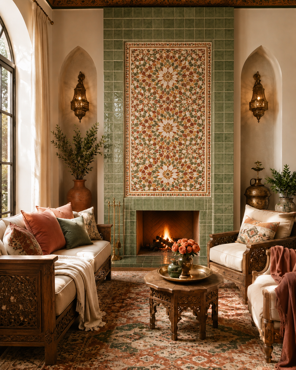 Moroccan-inspired room with green zellige-style ceramic tile custom fireplace wall, modern rectangular fireplace opening, carved wood seating, warm lanterns, patterned rug, terracotta pillows, and refined decorative accents.