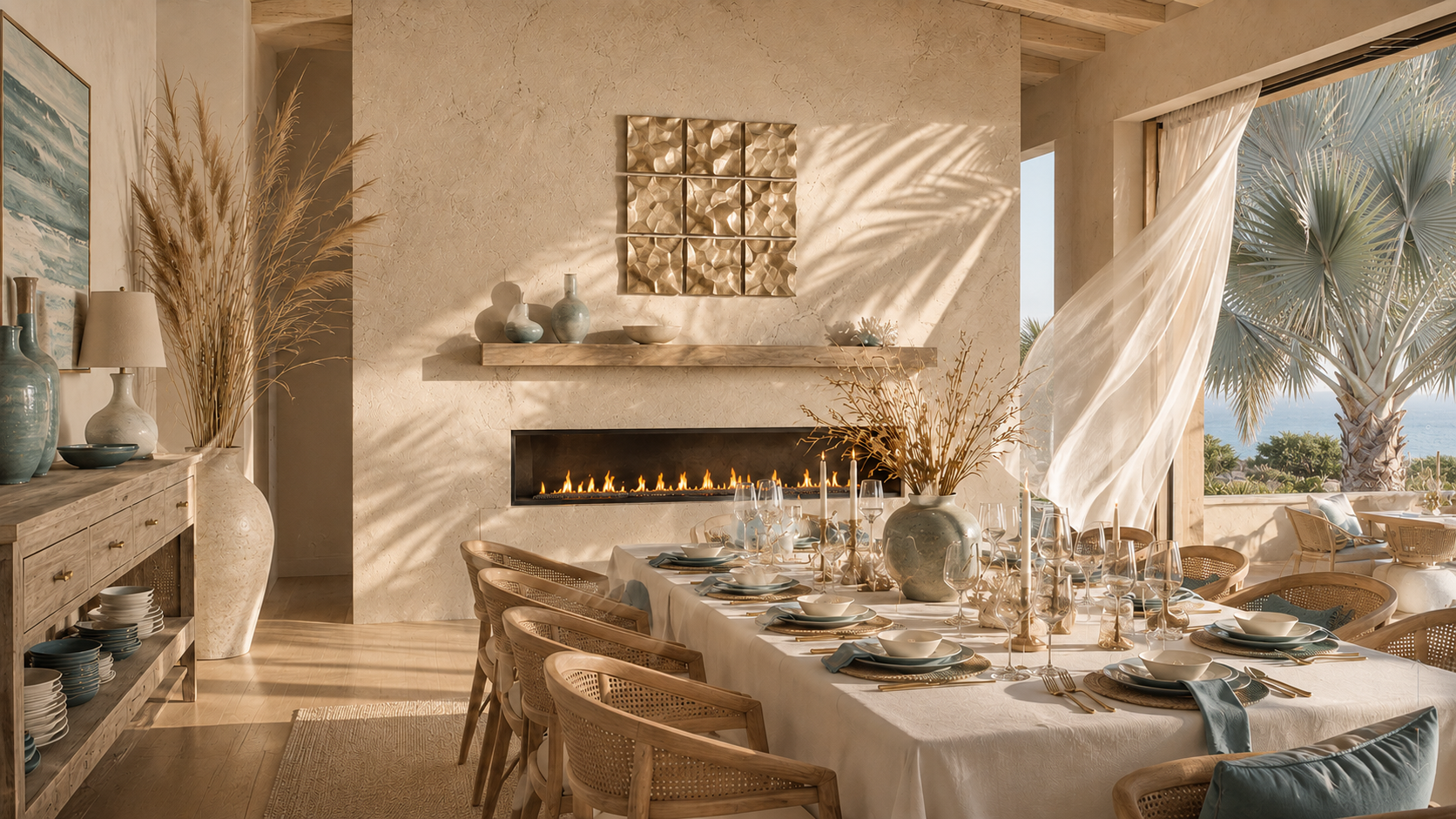 Wide modern beach-house dining room with custom linear custom fireplace wall, champagne metal tile accent, white tablecloth, set dining table, buffet with dishes, blue accents, dry coastal stems, and Bismarck palm outside.