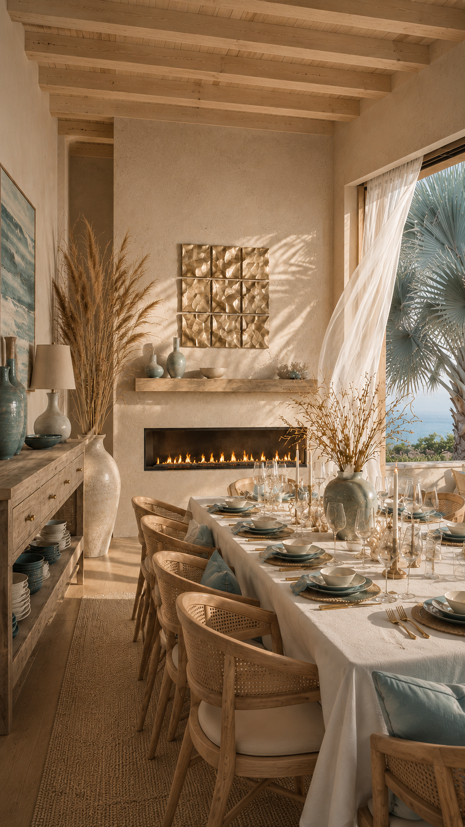 Vertical modern beach-house dining room with custom linear custom fireplace wall, champagne metal tile accent, white tablecloth, set dining table, buffet with dishes, blue accents, dry coastal stems, and Bismarck palm outside.