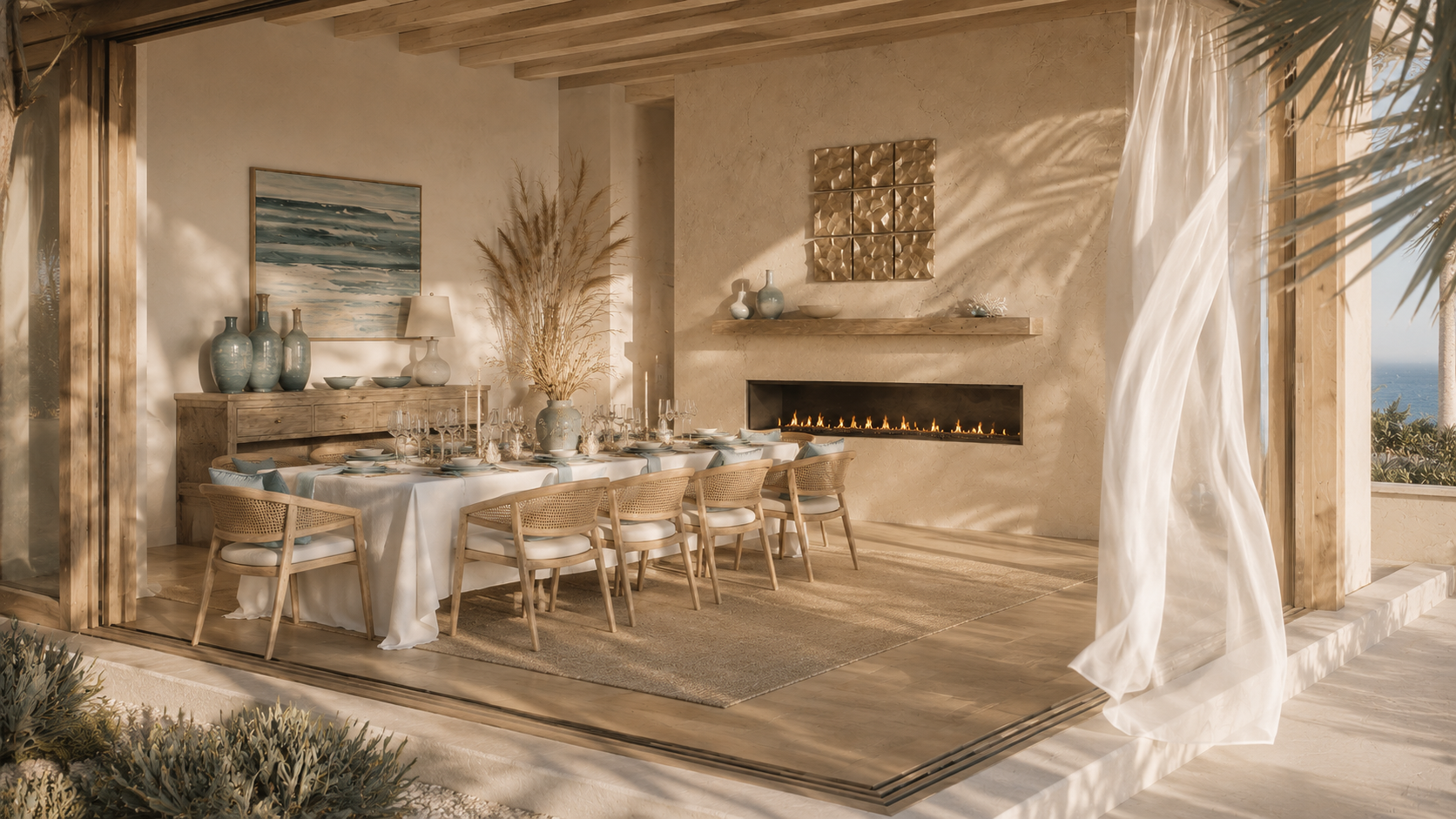 Wide exterior-to-interior view of a beach-house dining room with open wall, flowing white curtain, custom linear custom fireplace wall, buffet, set table, ocean glimpse, and palm shadows.