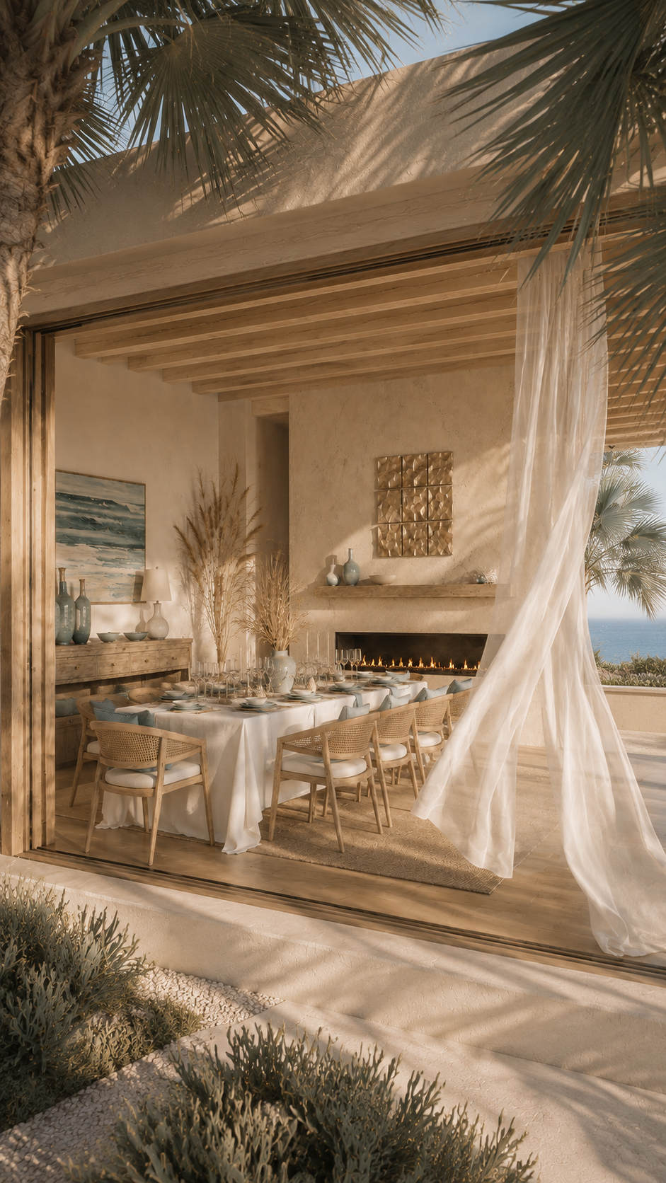 Vertical exterior-to-interior view of a beach-house dining room with open wall, flowing white curtain, custom linear custom fireplace wall, buffet, set table, ocean glimpse, and palm shadows.