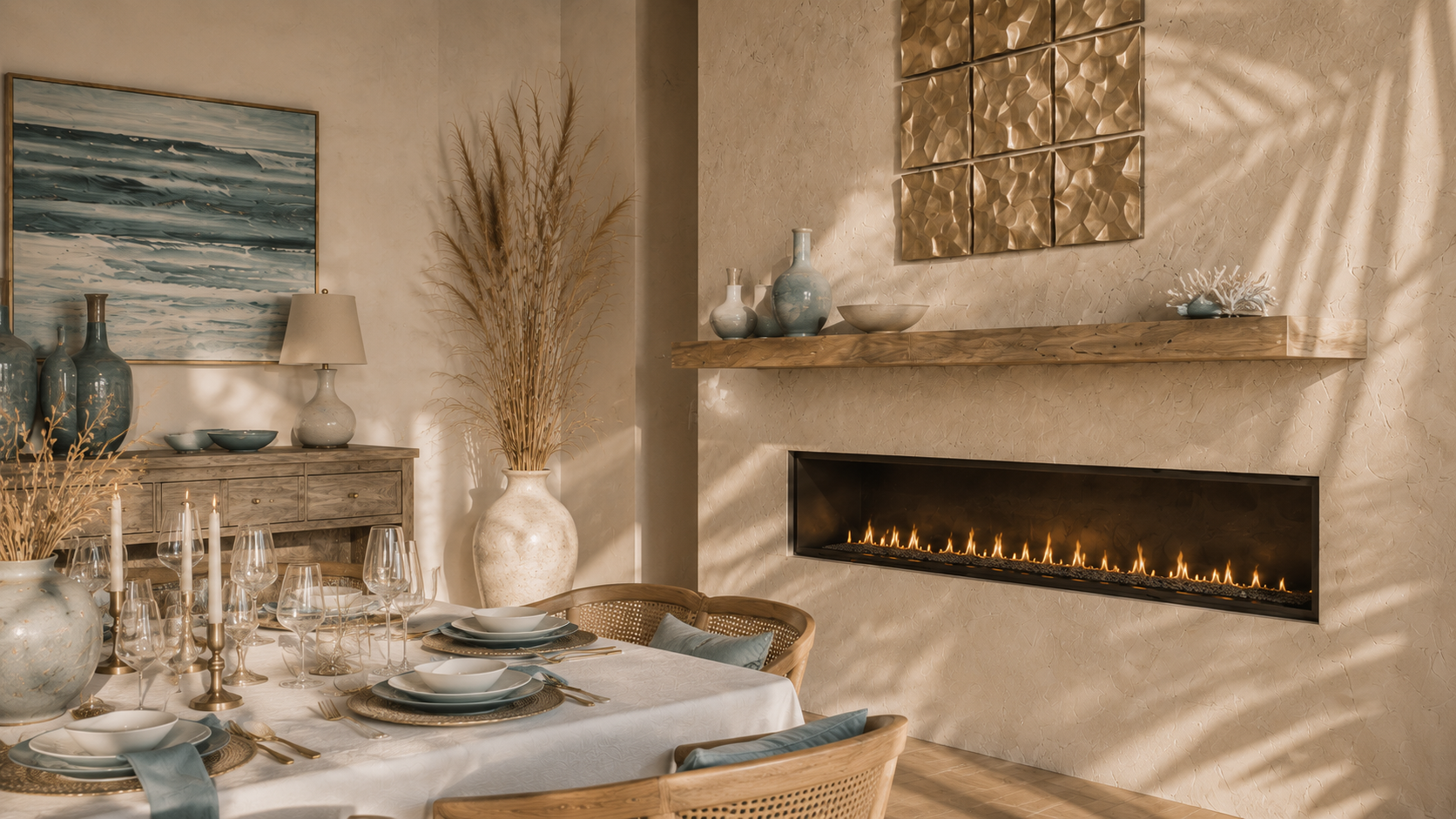 Wide close view of a coastal dining room with linear custom fireplace wall, champagne metal tile accent, plaster texture, buffet, table setting, sea-glass blue plates, and candlelight.