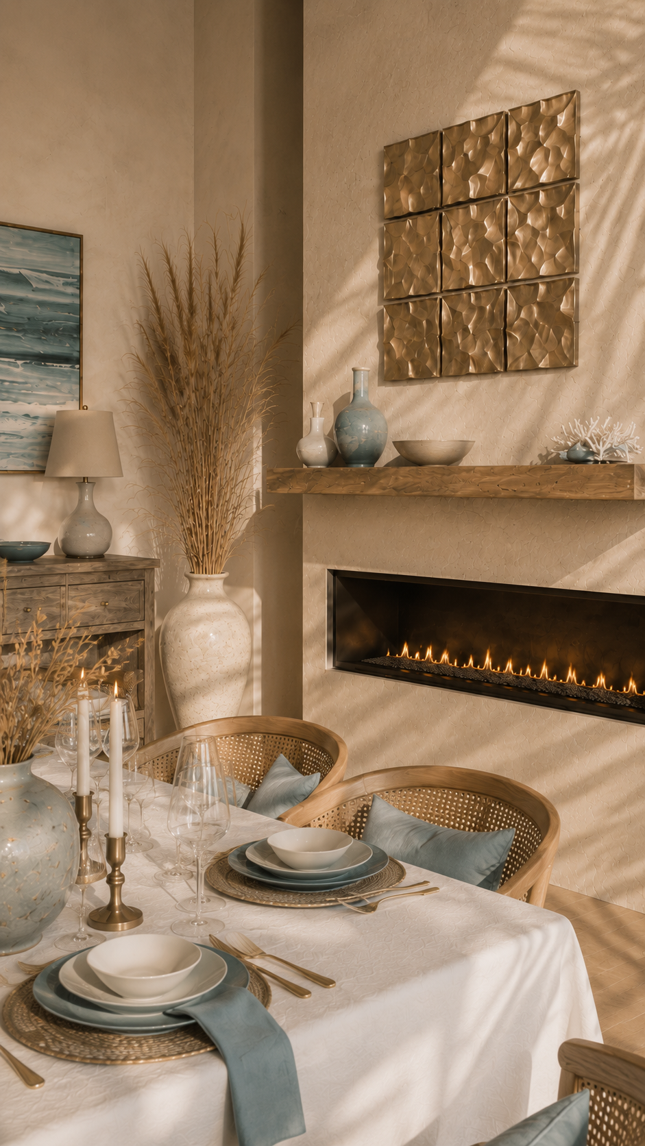 Vertical close view of a coastal dining room with linear custom fireplace wall, champagne metal tile accent, plaster texture, buffet, table setting, sea-glass blue plates, and candlelight.