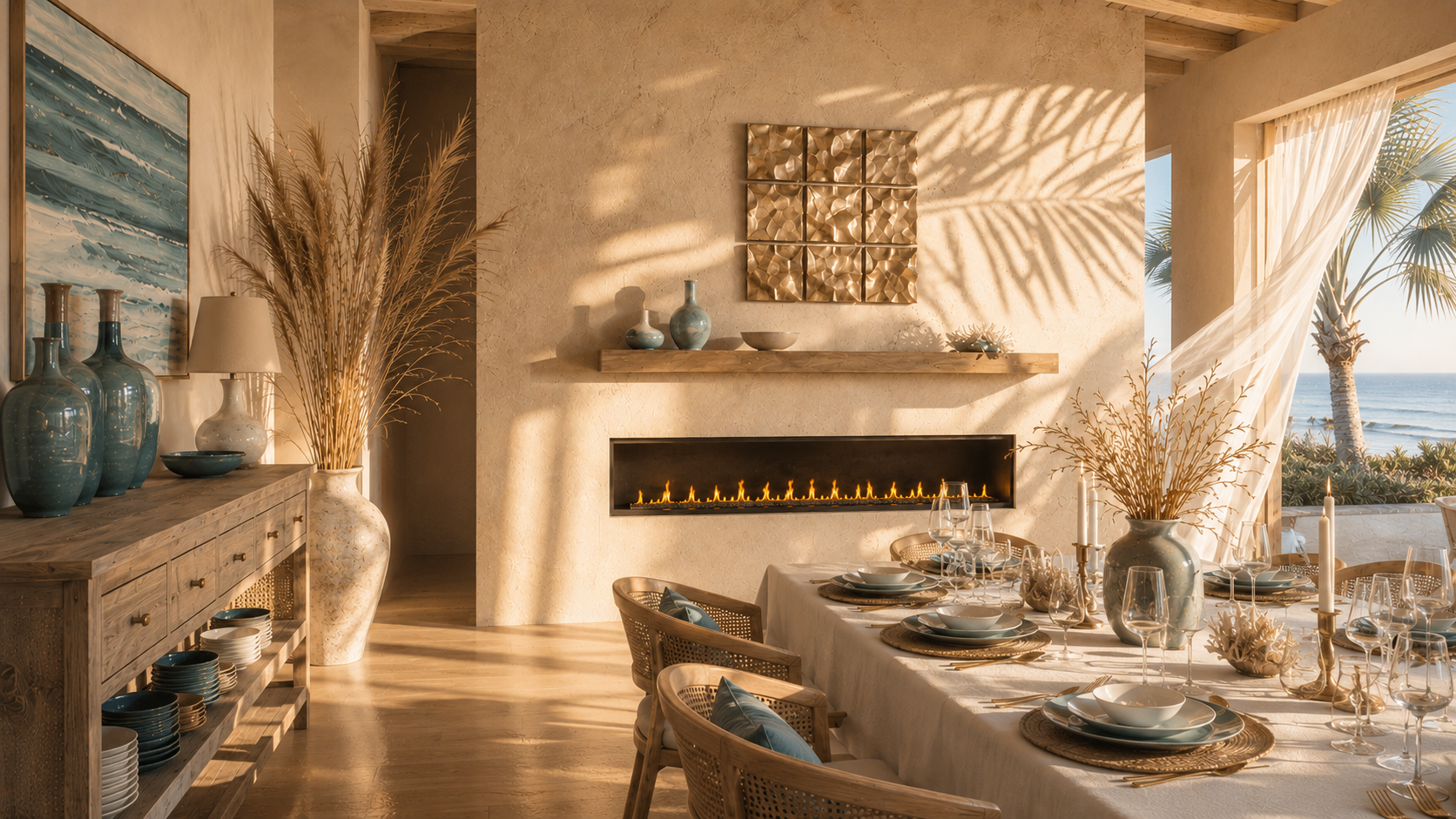 Wide sunny beach-house dining room with custom linear custom fireplace wall, champagne tile accent, white table setting, blue accents, buffet, dry coastal stems, and strong palm shadows.