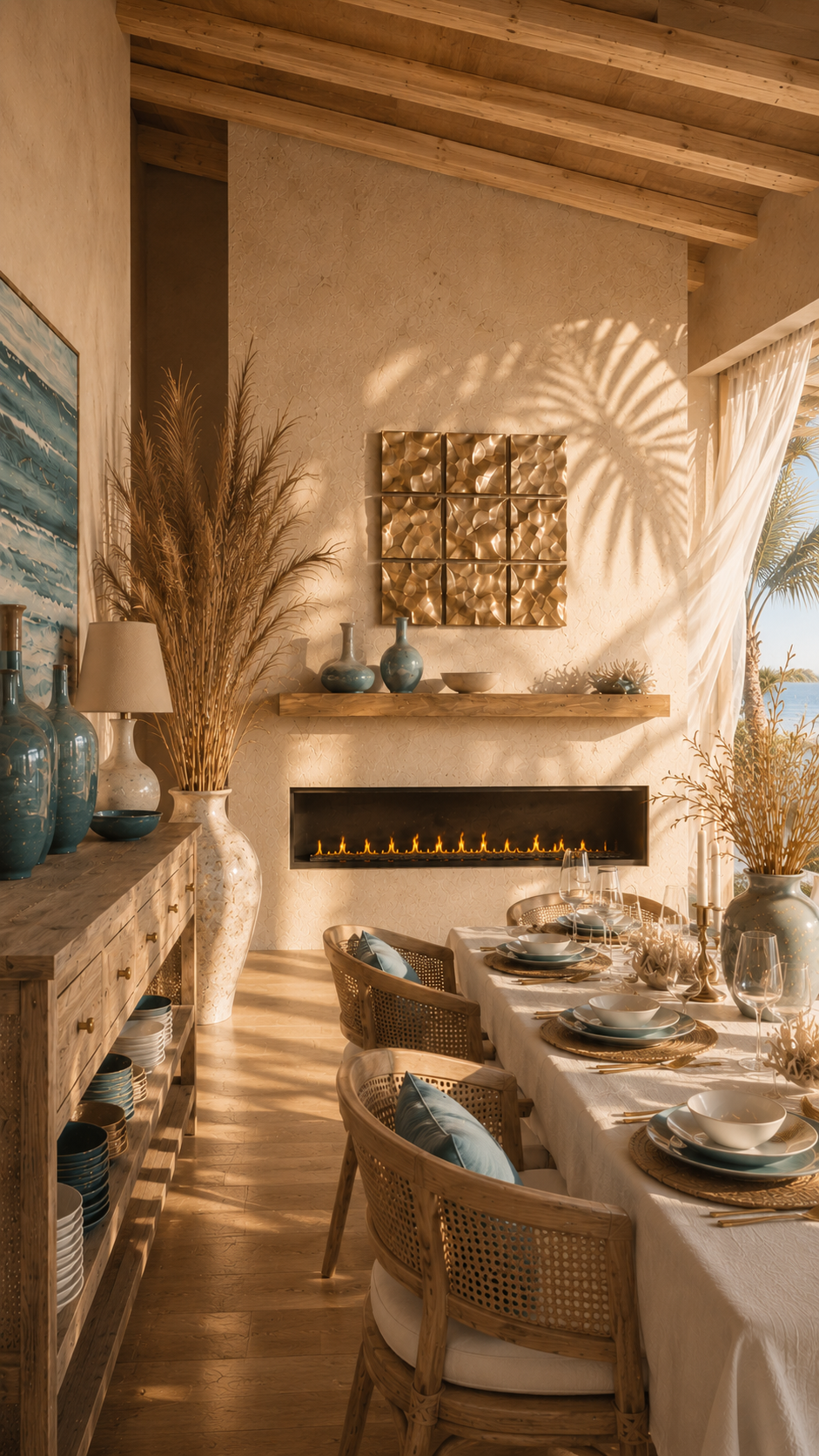 Vertical sunny beach-house dining room with custom linear custom fireplace wall, champagne tile accent, white table setting, blue accents, buffet, dry coastal stems, and strong palm shadows.