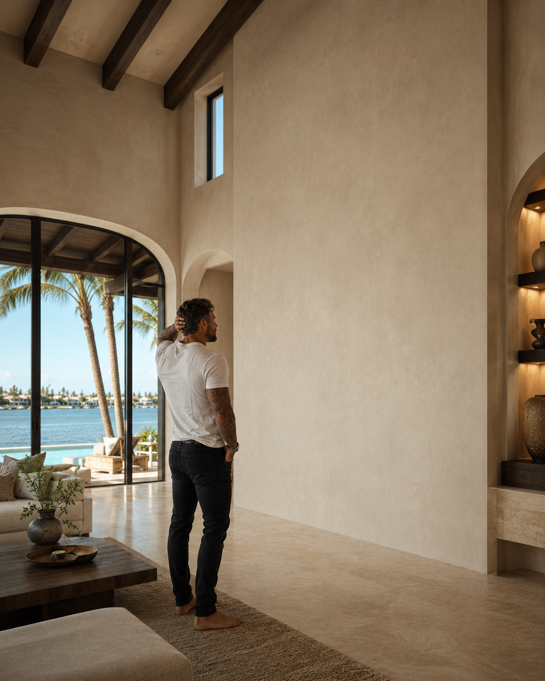 Homeowner reviewing a large blank wall in a Miami bayfront home before planning a custom fireplace TV wall.