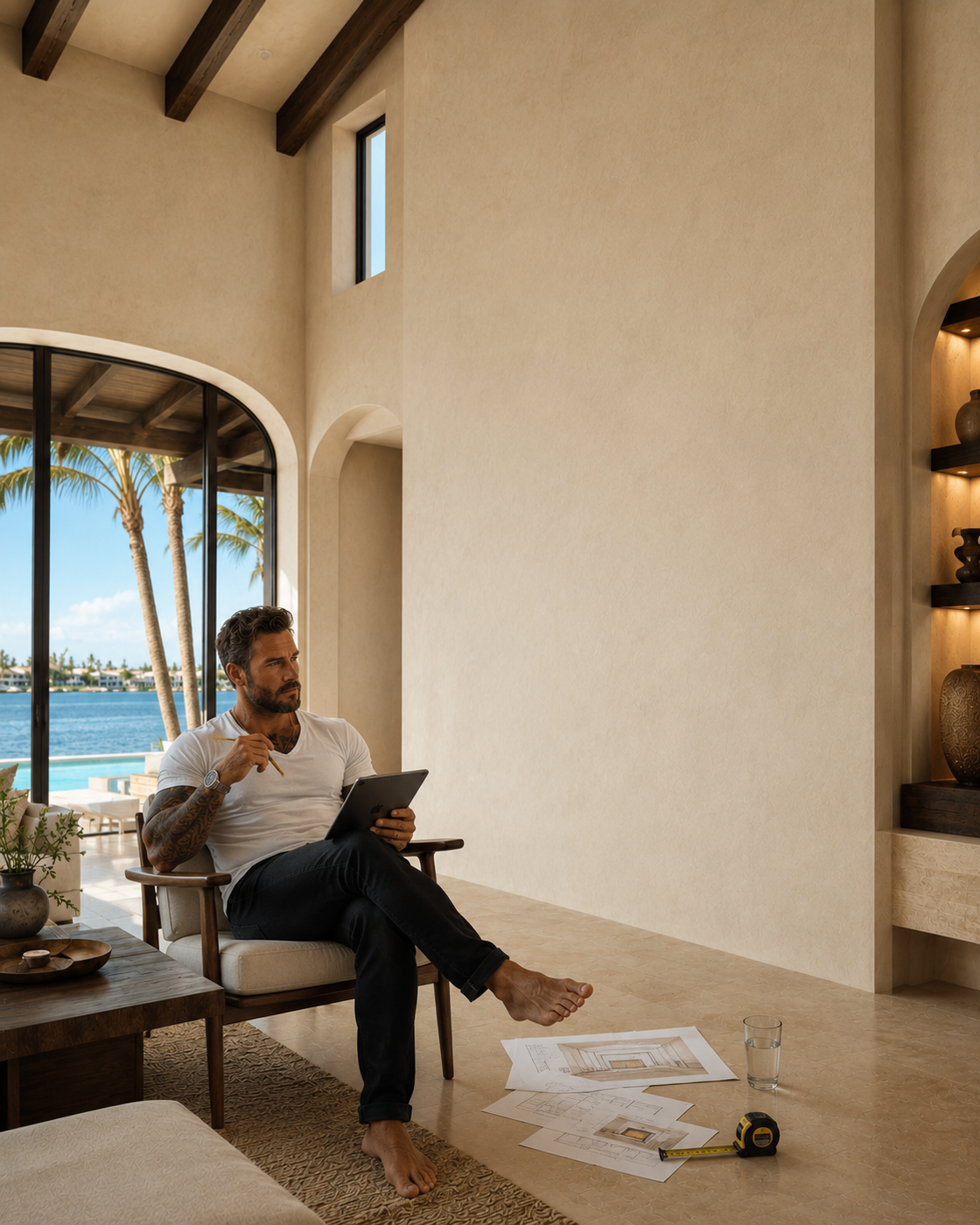 Homeowner reviewing custom fireplace TV wall plans on a tablet with drawings, tape measure, and layout papers on the floor.