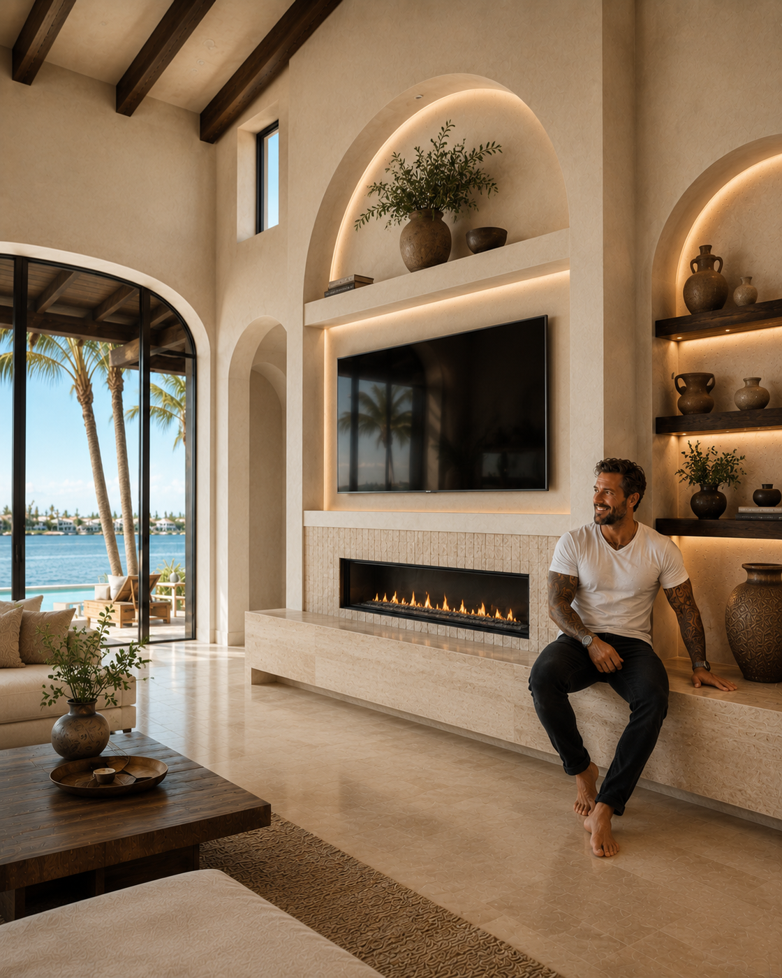 Finished Spanish Revival custom fireplace TV wall with arched niches, linear fireplace, TV, warm lighting, and a satisfied homeowner.