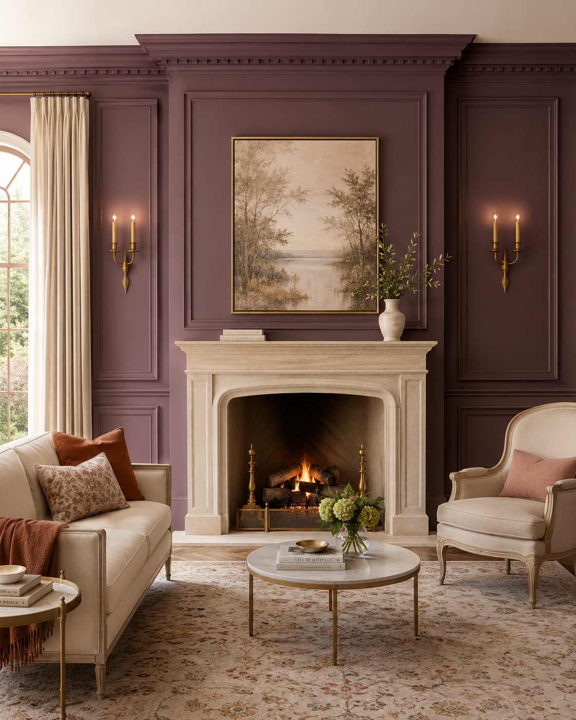 French-inspired custom fireplace wall with decorative molding, trim profiles, mantel detail, muted plum wall color, warm stone surround, brass accents, and elegant seating.