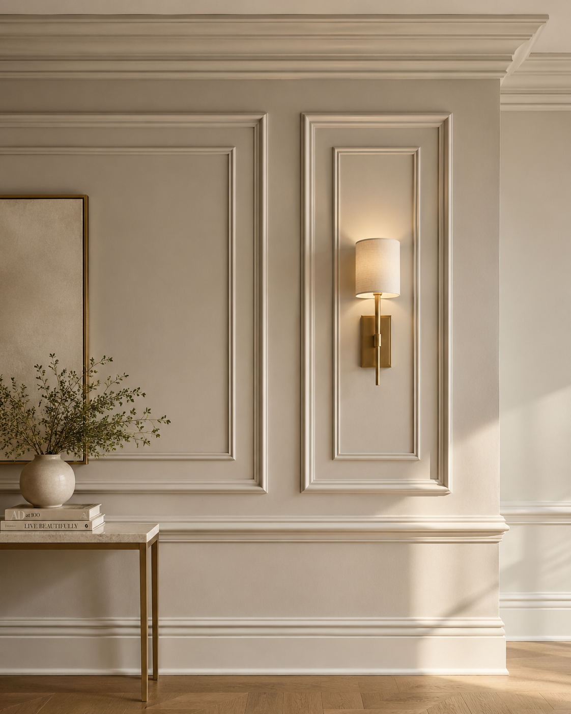 Decorative molding and trim profile accent wall with painted panels, classic wall frames, crown detail, and elegant residential styling.