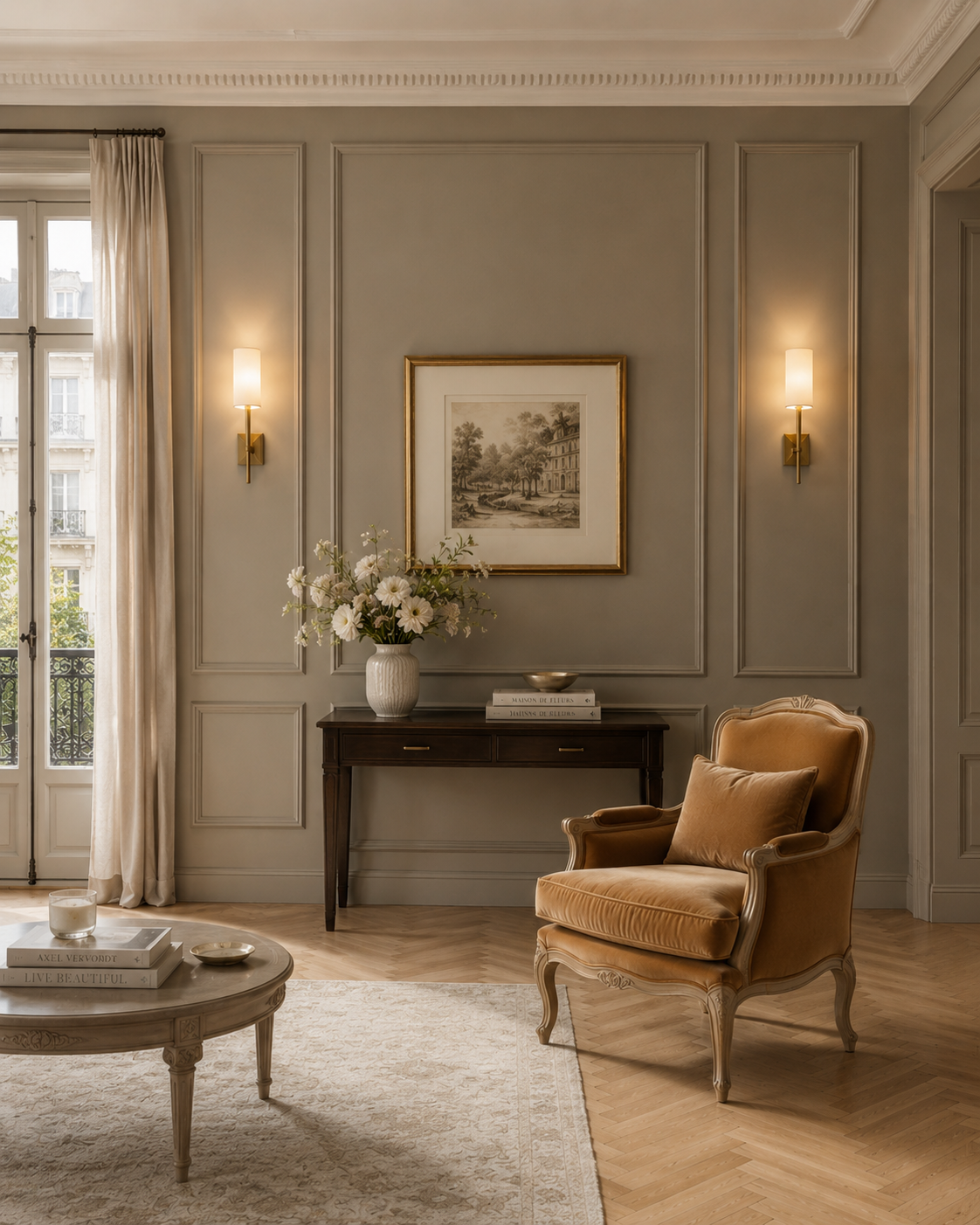 Elegant French-inspired decorative molding wall in a warm taupe living room with classic panel trim.