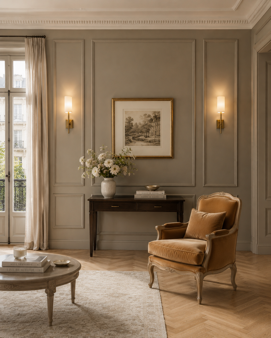 Elegant French-inspired decorative molding wall in a warm taupe living room with classic panel trim.
