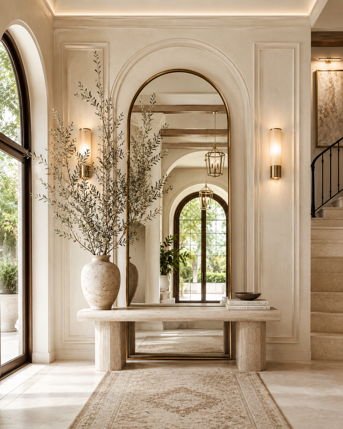 Mediterranean-style foyer accent wall with tall arched mirror, stone console, warm sconces, and sculptural vase.
