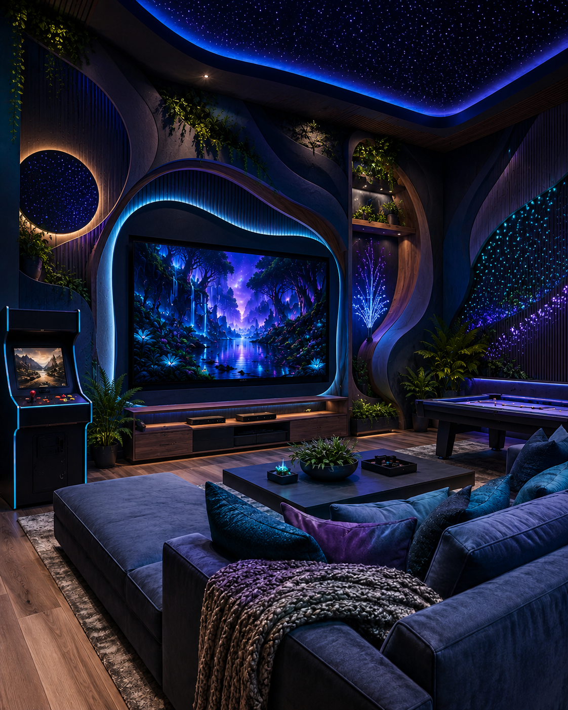 Family game room with Avatar-like mood, bioluminescent media wall, star ceiling, velvet sectional, and glowing plants.