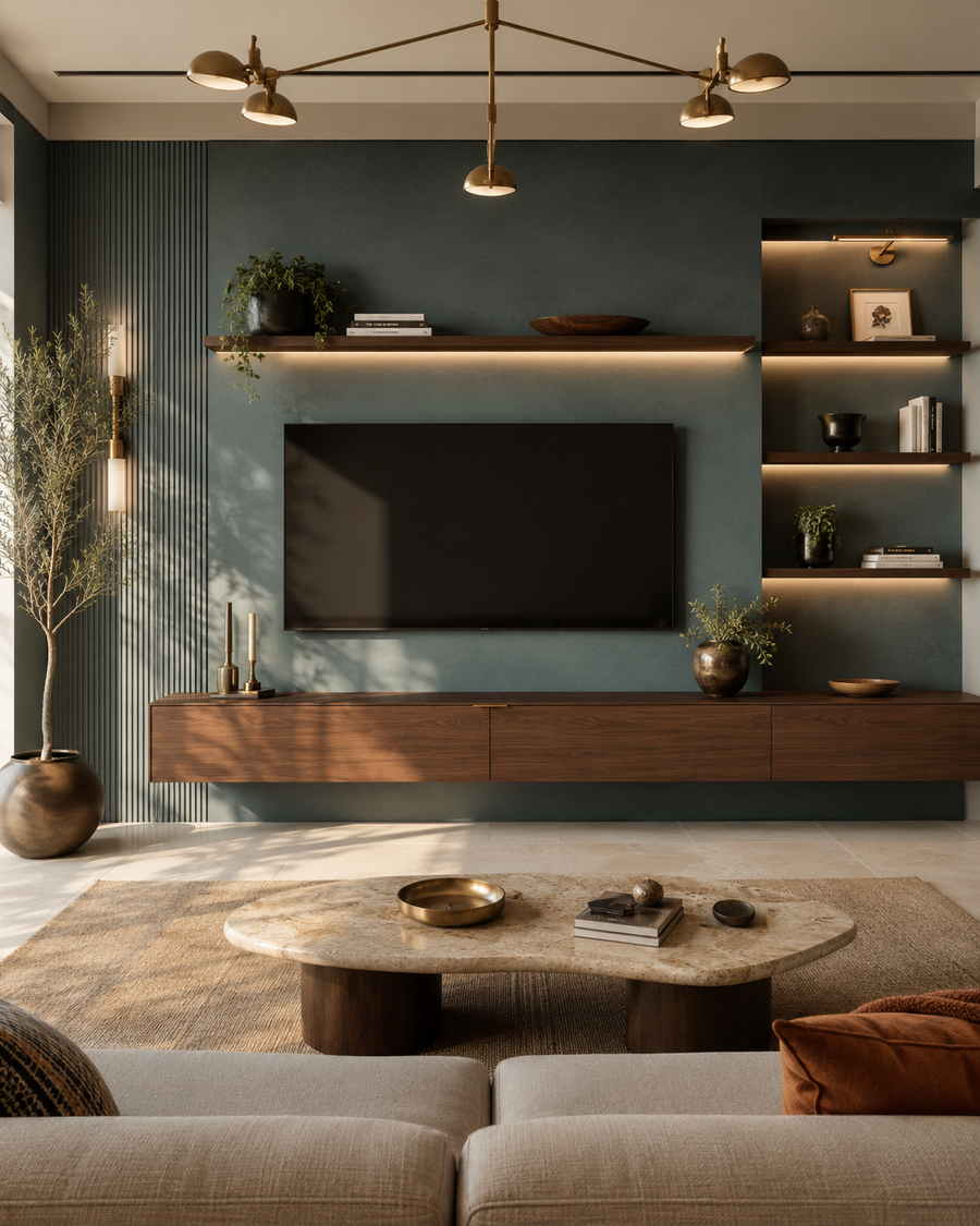 Front-facing Brazilian-modern media wall with a teal blue textured backdrop, warm walnut floating console, open floating shelves with integrated lighting, and a modern brass chandelier.