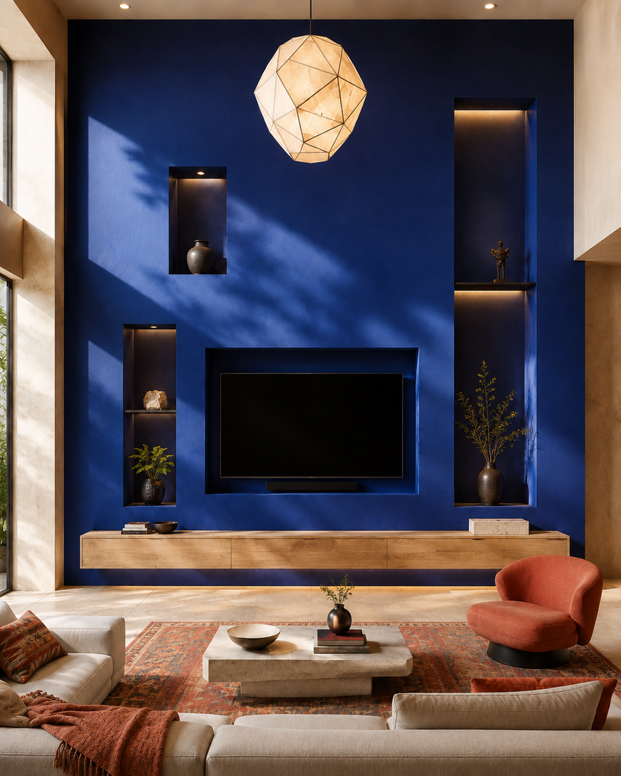 Front-facing floor-to-ceiling media wall in deep cobalt blue plaster with a recessed TV niche, tall illuminated wall niches, a floating wood base cabinet, and warm modern seating with a patterned rug.