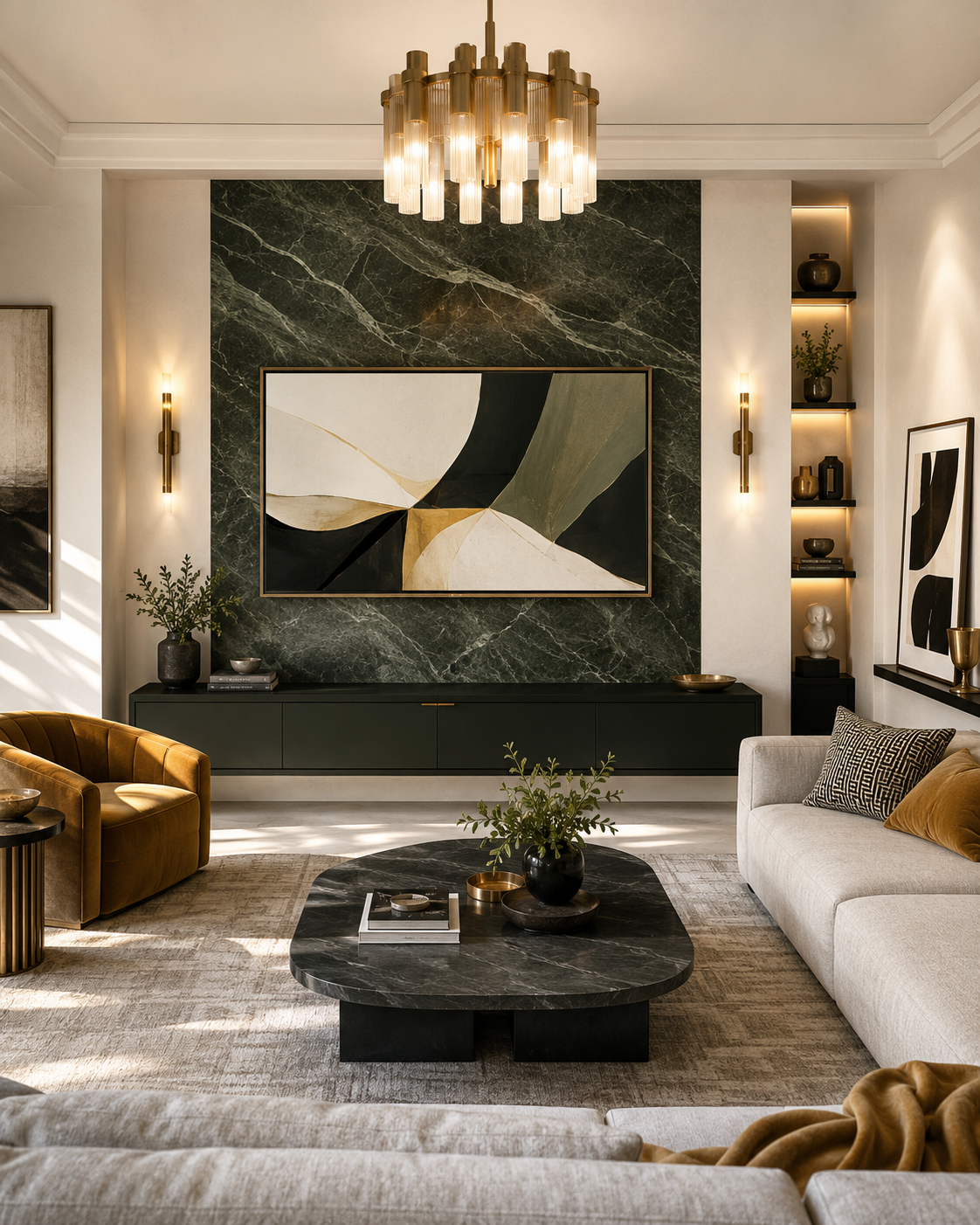 Front-facing gallery-modern media wall with a dark stone slab panel, frame TV displaying abstract artwork, floating black cabinet, brass sconces, and side display shelving.