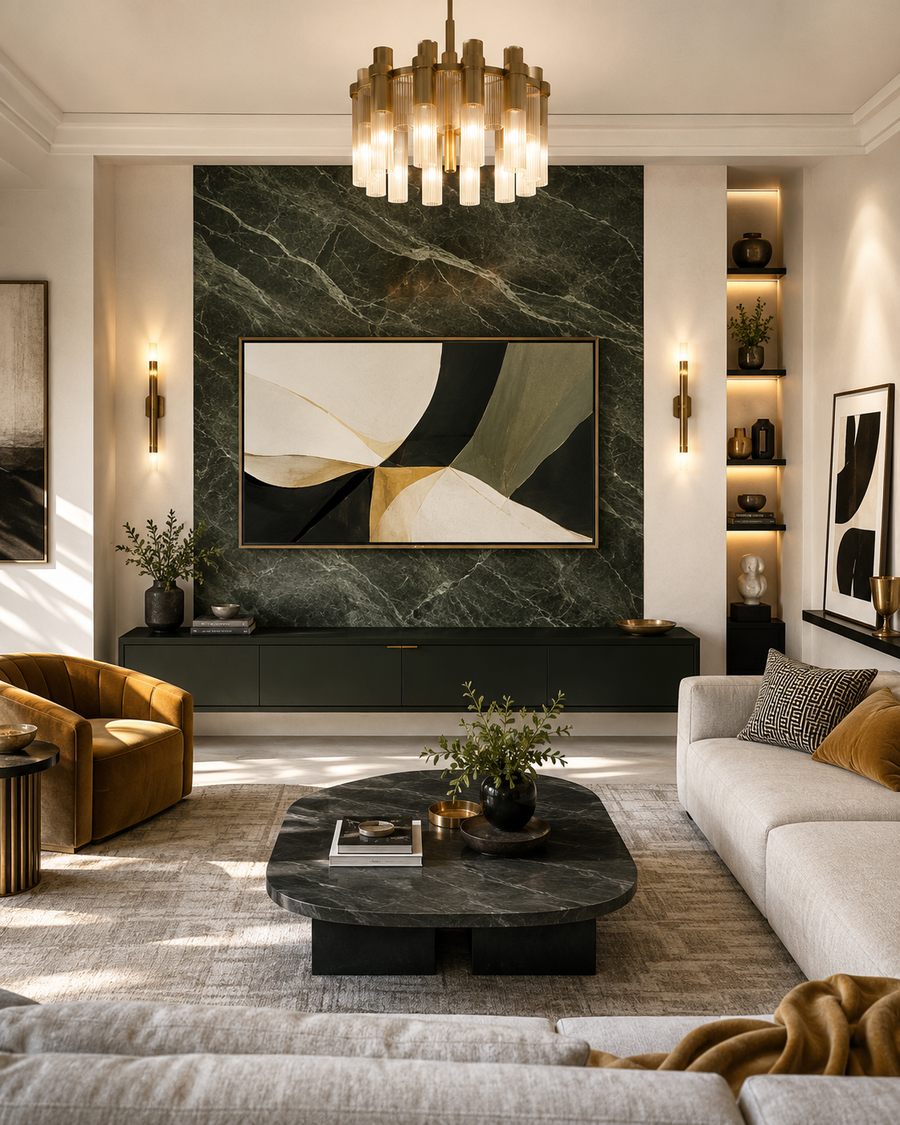 Front-facing gallery-modern media wall with a dark stone slab panel, frame TV displaying abstract artwork, floating black cabinet, brass sconces, and side display shelving.