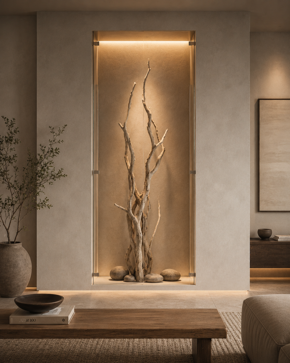 Frameless glass feature wall niche with tempered glass, hidden lighting, textured plaster backdrop, dry branches, stones, and neutral interior styling.