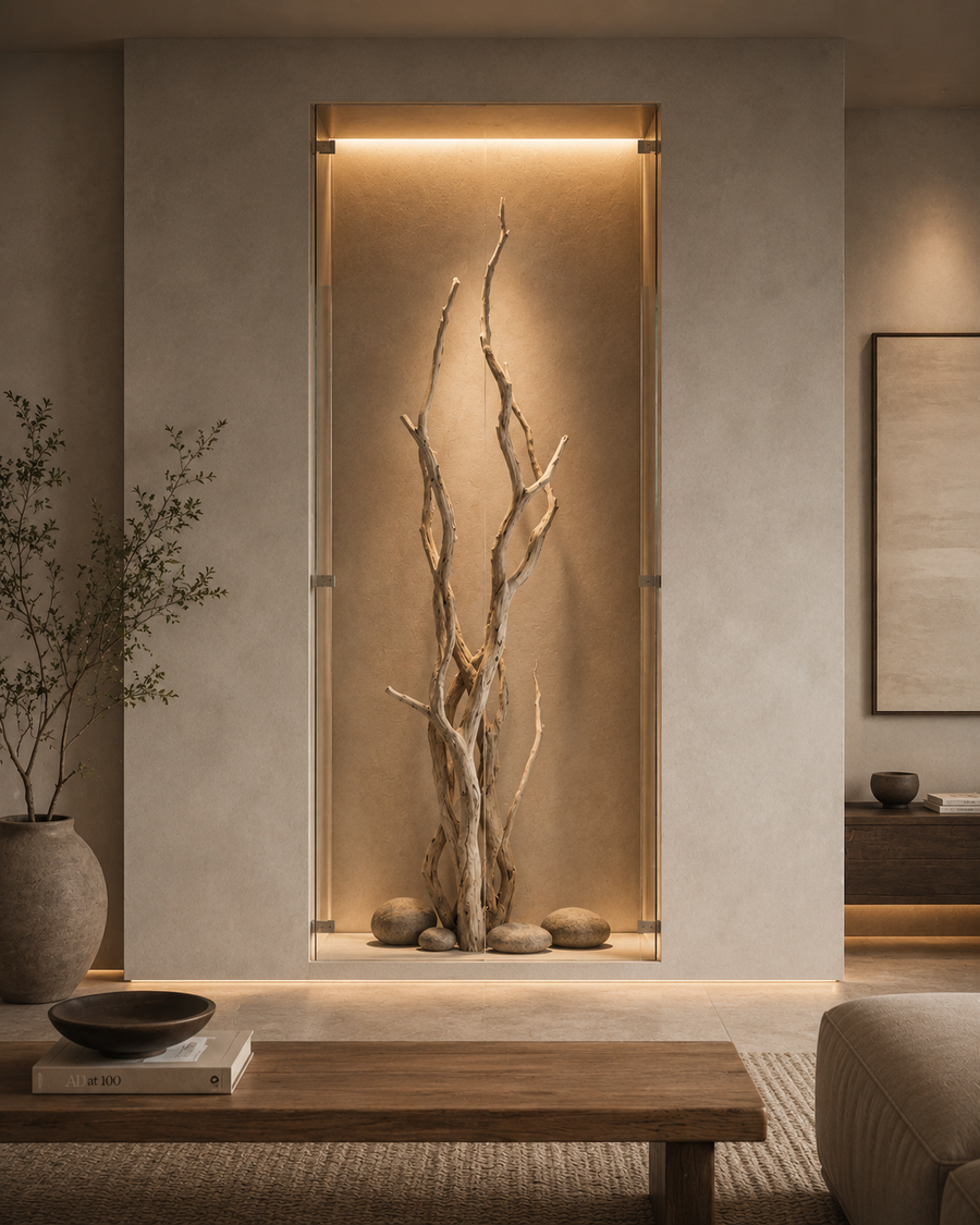 Frameless glass feature wall niche with tempered glass, hidden lighting, textured plaster backdrop, dry branches, stones, and neutral interior styling.