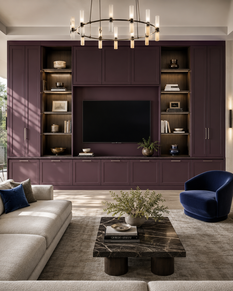 Front-facing full-wall media built-ins in a rich plum finish with a central TV opening, upper cabinets, open side shelving, lower storage, and a blue velvet accent chair.