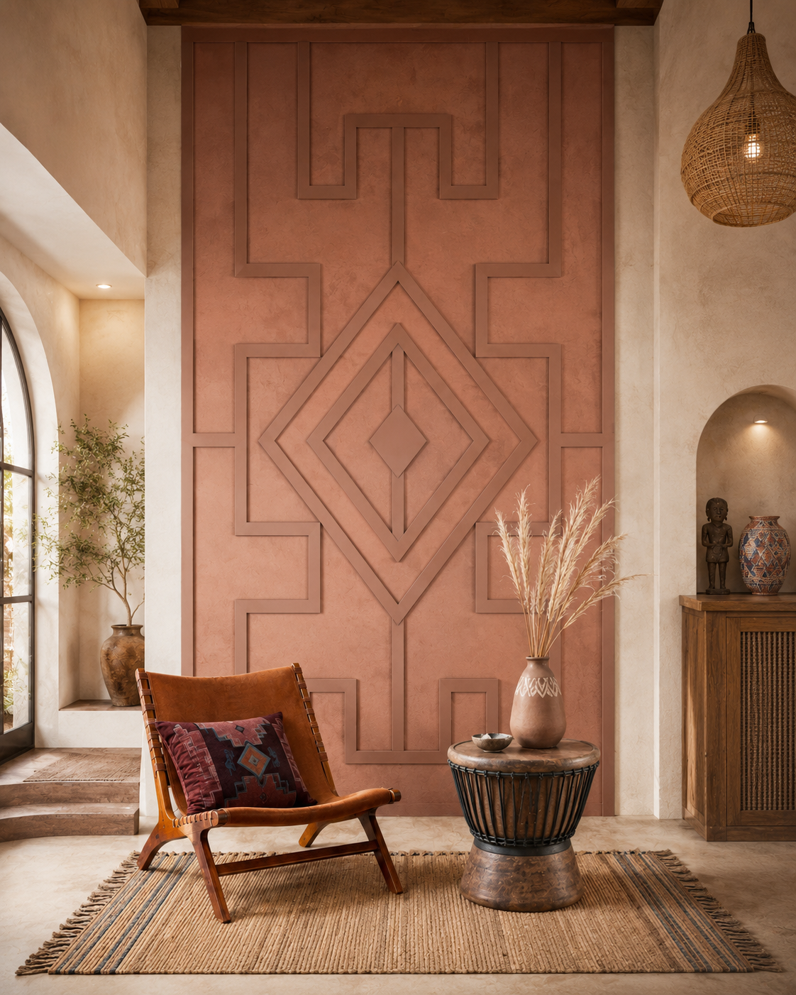Dusty terracotta geometric MDF accent wall with raised trim pattern and warm artisan-inspired interior decor.